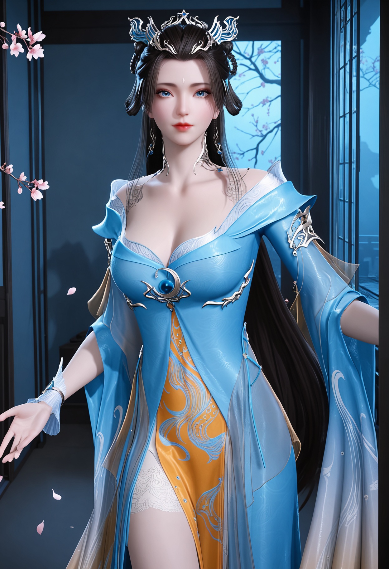 (full_body:1.2),(gigantic breasts:0.7),(looking at viewer:1.1),facing viewer,direct gaze,(masterpiece:1.1),(best quality:1.2),(intricate details),(smog:1.3),(Dark room:1.3),(dim lighting:1.3),peach blossom,falling petals,<lora:YQ_Illustrious光辉v5_侯烟岚_V1:0.8>,1girl,q1528437228,solo,long hair,hair ornament,dress,black hair,jewelry,blue eyes,hair rings,hair bun,earrings,forehead mark,brown hair,bracelet,masterpiece,(best quality),(intricate details:0.9) BREAK (intricate details:0.9),(realistic skin:1.2),masterpiece,best quality,newest,absurdres,hiahres,