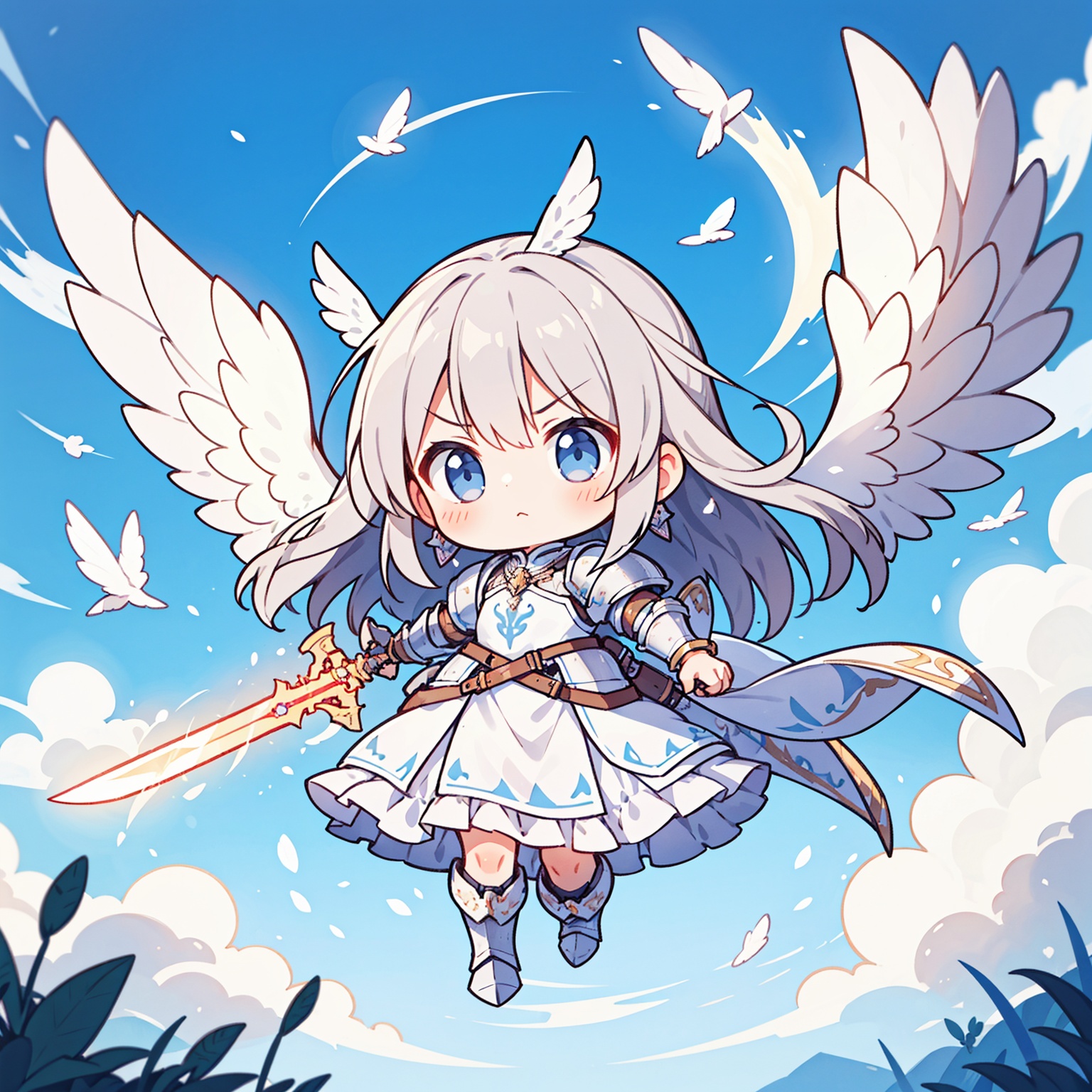 1girl,solo,cute,wings,long hair,jewelry,bracelet,cloud,flying,angel wings,sky,floating hair,angel,hand guard,hilt,feathered wings,outdoors, holding a flaming sword, holing a shining sword,frown,dashing to camera, knight armor,dress armor, boots,