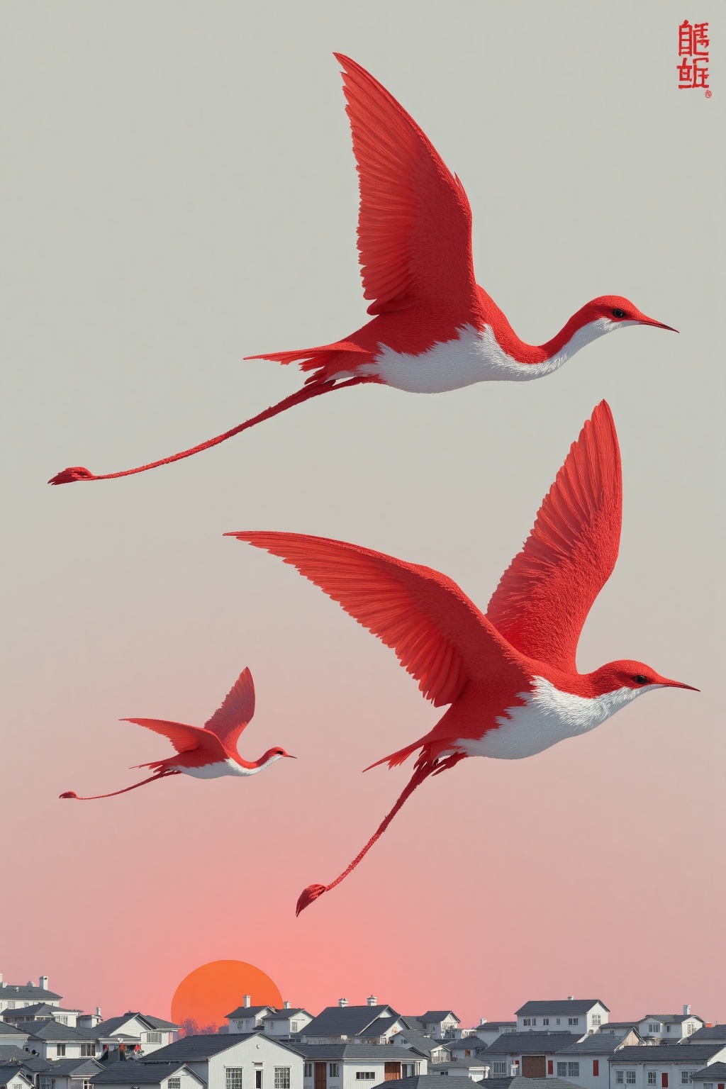 beijihui,a vibrant red bird is soaring in the air. The bird's wings are spread wide, and its beak is adorned with a white patch of fur, adding a touch of color to the scene. The backdrop is a light gray, with a pink hue, and a large orange circle in the lower right corner of the frame. Below the bird, a row of white houses with black roofs are visible, adding depth to the composition.