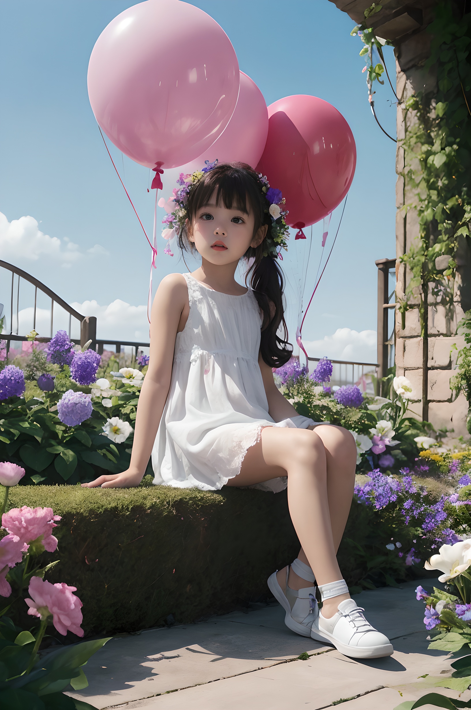 baby,3 years old,female children,<lora:Balloon Flowers_V10:0.6>,(sitting on a balloon),blooming flowers,(((the huge flower contrasts with the tiny girl))),middle of stamens,balloon flower,balloon,dream scene,CAD,unreal engine,shoes, <lora:Balloon Flowers_20231120130603:0.0.6>