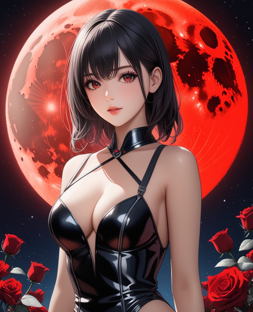 (,1girl, ,best quality, ),looking at viewer,  ,,ultra detailed background,ultra detailed background,ultra realistic 8k cg,, ,masterpiece, (( , )),, ,science fiction,mole, ,    ,red moon, black rose,     (cleavage), (),