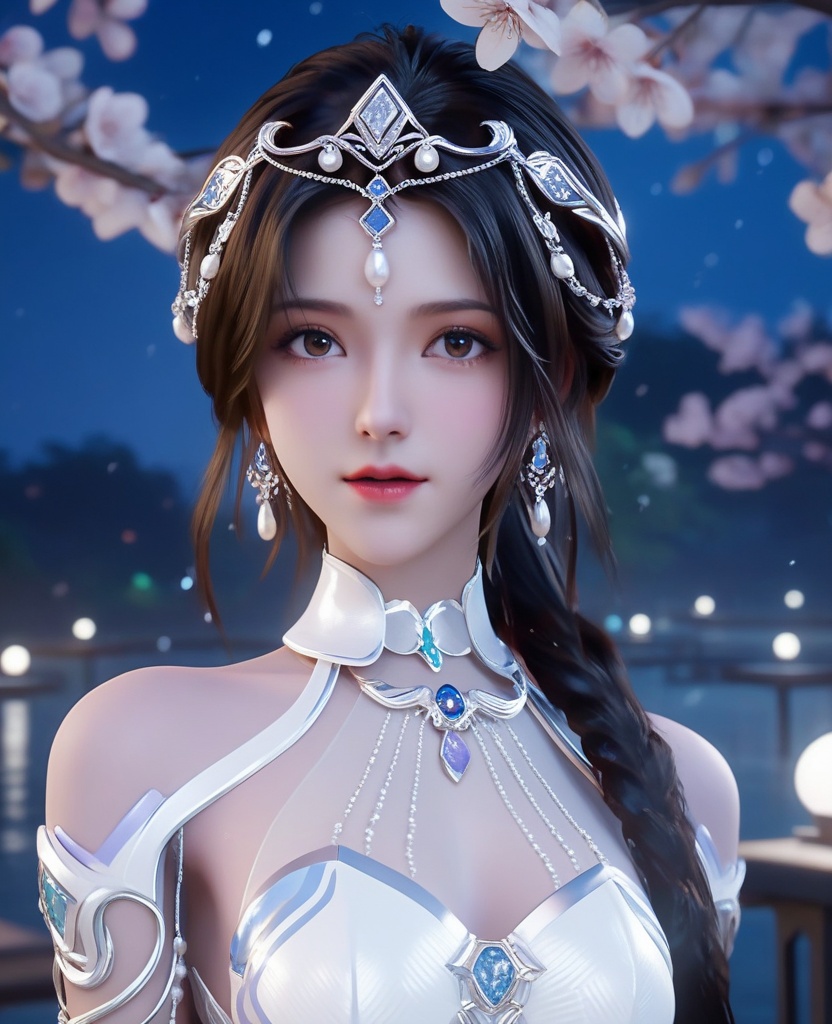 <lora:613-DA-XL-神印王座-白玥:0.8>(,1girl, ,best quality, ),looking at viewer, ,ultra detailed 8k cg, ultra detailed background,  ultra realistic 8k cg,          cinematic lighting, cinematic bloom, (( , )),,  , unreal, science fiction,  luxury, jewelry, diamond, pearl, gem, sapphire, ruby, emerald, intricate detail, delicate pattern, charming, alluring, seductive, erotic, enchanting, hair ornament, necklace, earrings, bracelet, armlet,halo,masterpiece, (( , )),,  ,cherry blossoms,(((, night,night sky,,  ultra high res, (photorealistic:1.4), raw photo, 1girl, , rain, sweat, ,wet, )))(( , ))   (cleavage), (),