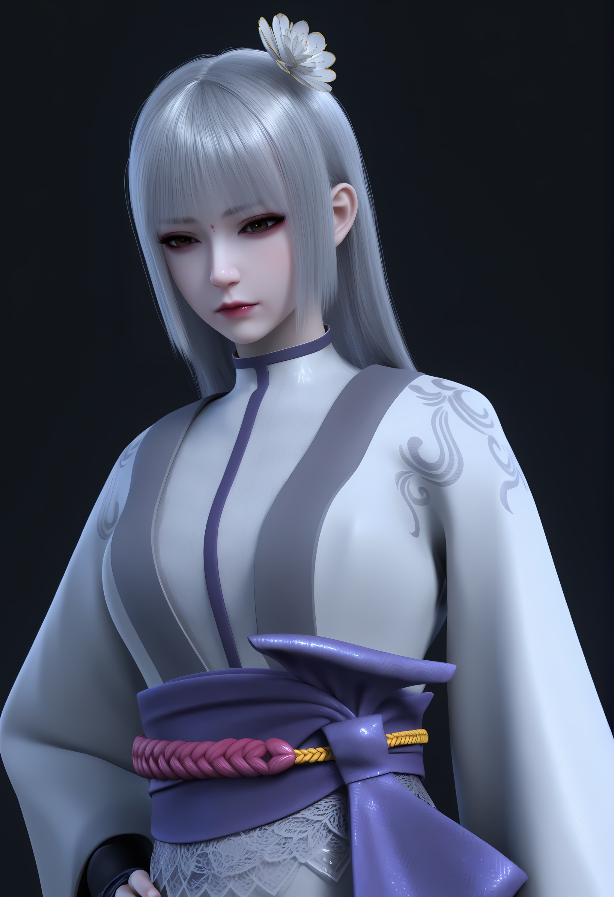 (score_9),<lora:苏红息-apony:0.83>,shuxihong,1girl,solo,red dot,long hair,silver hair,hair ornament,hair flower,bangs,kimono,sash,short kimono,obi,(glamor),curvy,pointy chest,puffy chest,BREAK<lora:Expressive_H-000001:0.8>,light blush,Expressiveh,looking down,<lora:e肤色滑块:0.25>,fair_skin,(pale skin),<lora:e色温:0.25>,ultra-detailed skin texture,detailed textures,<lora:皮肤凹痕:1.5>,<lora:RealisticSkinv1_ponyv6_loraplus:0.35>,real skin,BREAKsimple background,black background,dutch angle,4K ultra HD,sharp focus,high detail,high contrast,