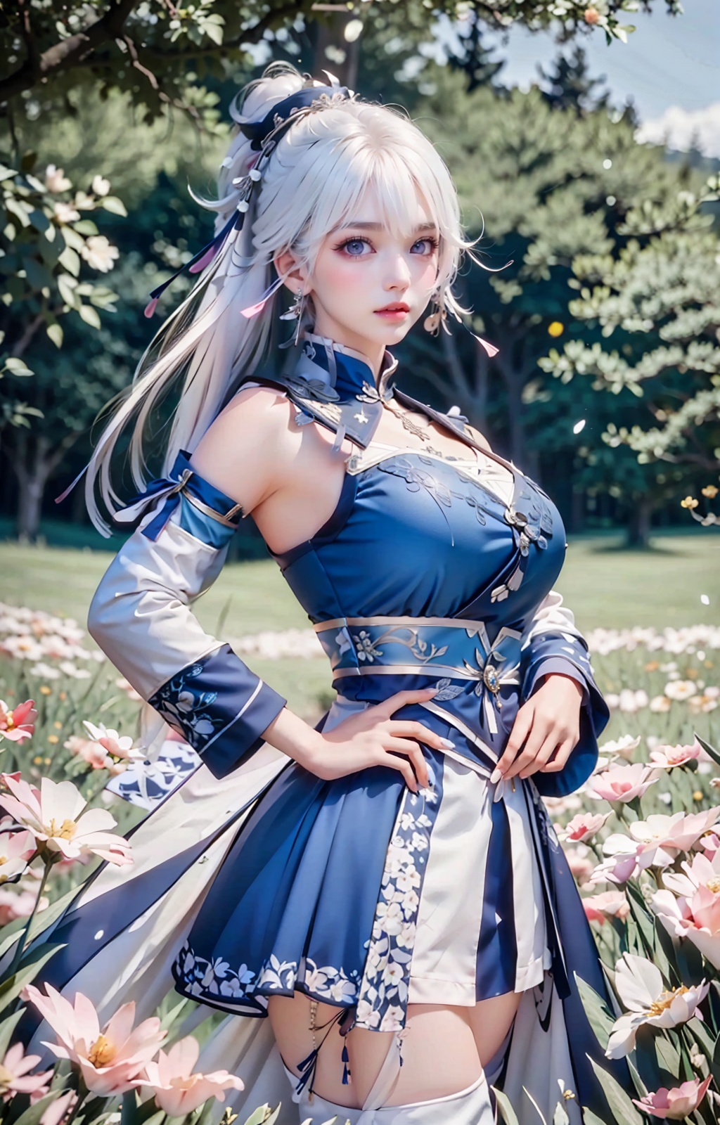 a woman in a costume standing in a field of flowers with her hands on her hips and her hair blowing in the wind,Du Qiong,final fantasy,a character portrait,fantasy art,absurdres,highres,wallpaper,colorful,thick eyebrows,pupils,bright_pupils,makeup,eyeshadow,lipstick,long_eyelashes,mascara,face_focus,eyes_focus,front view,looking_at_viewer,<lora:王者荣耀-杨玉环:0.9>,white hair,