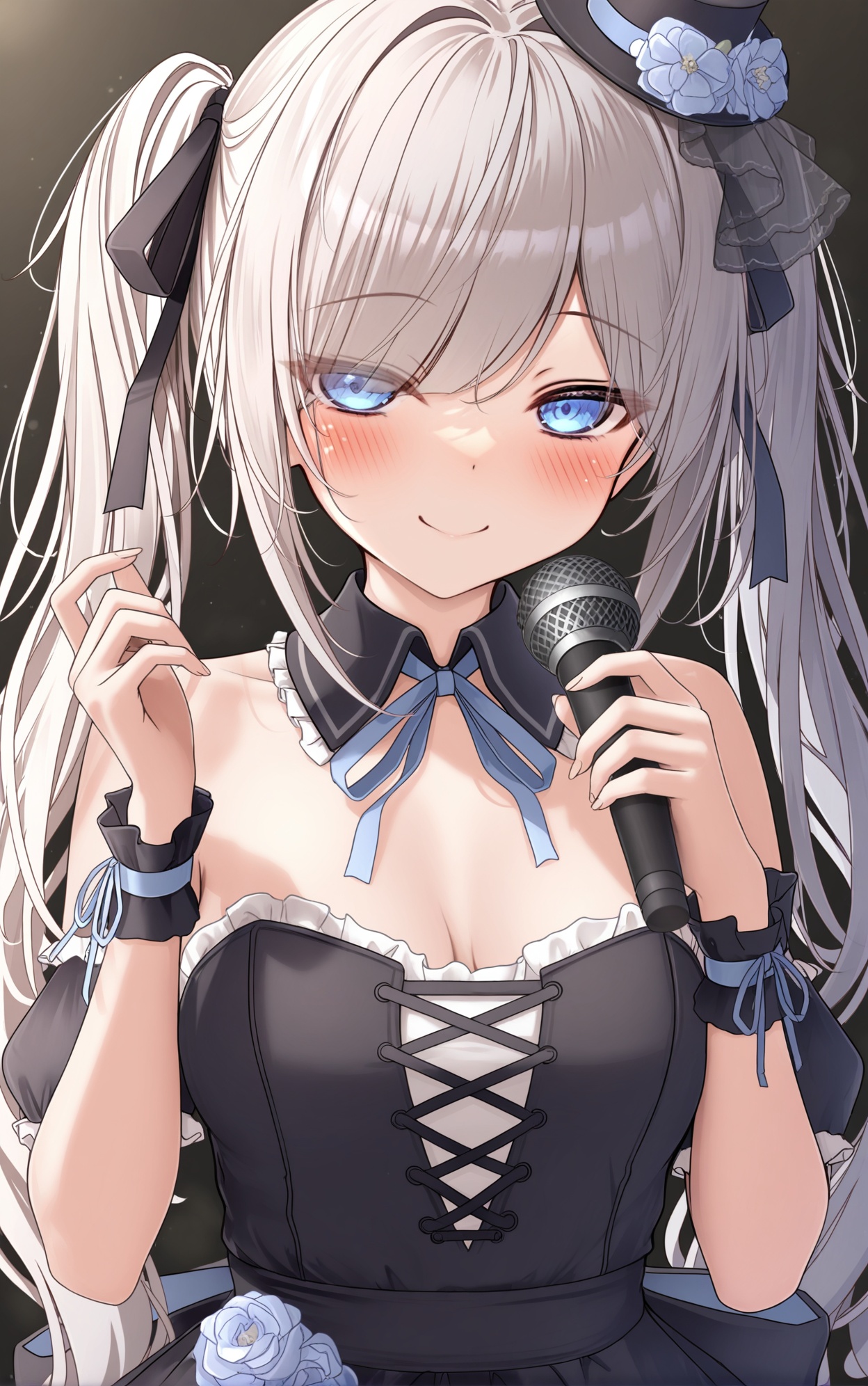 Monaka Curl,Cool, Cute, 1girl, solo, hat, microphone, holding, dress, long hair, blue eyes, looking at viewer, smile, breasts, twintails, flower, holding microphone, bare shoulders, detached collar, white background, hair ornament, cleavage, white hair, frills, virtual youtuber, hair flower, simple background, black headwear, strapless dress, wrist cuffs, strapless, mini hat, black dress, blush, top hat, ribbon, detached sleeves, medium breasts, grey hair, upper body