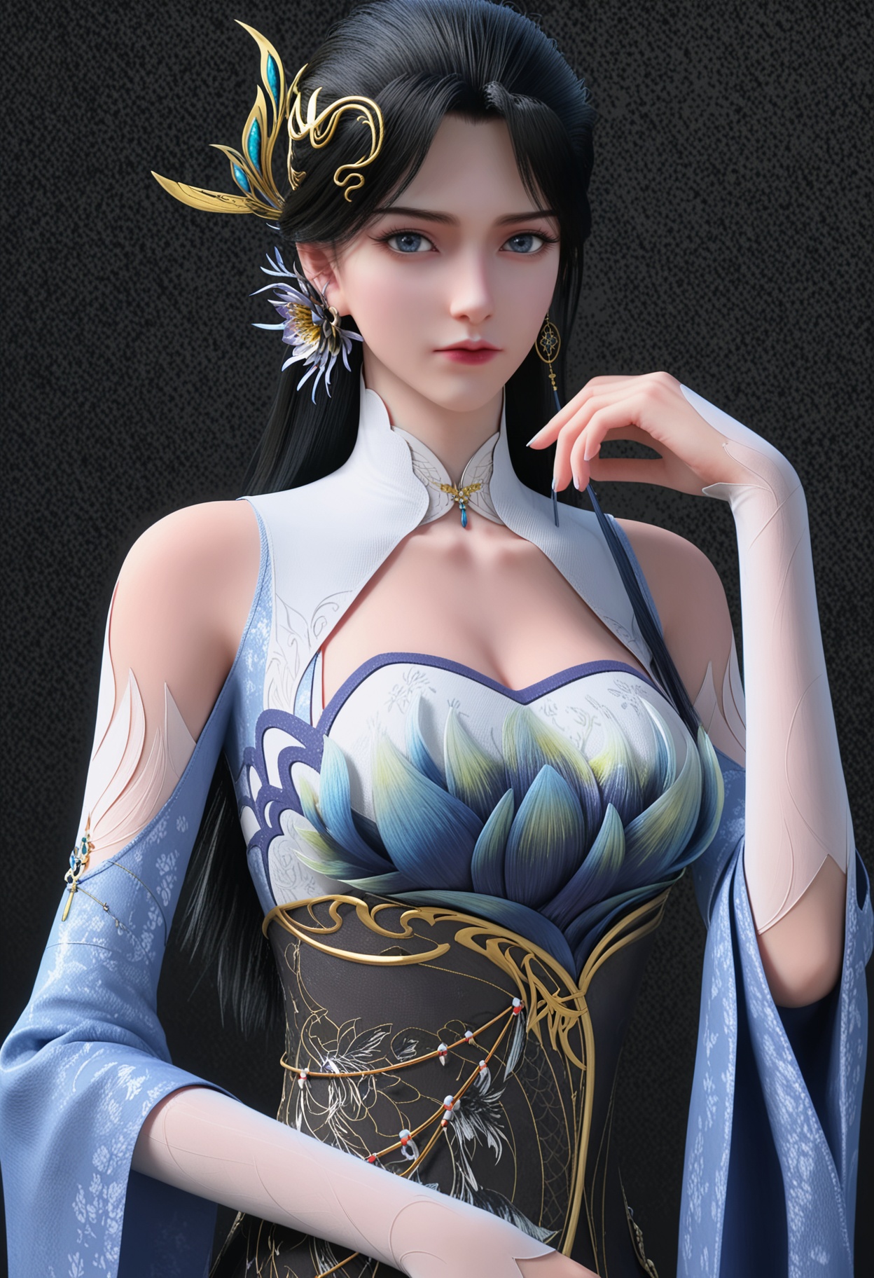 score_9,looking_at_viewer,upper body,large breasts,1girl,solo,black hair,long hair,hair ornament,earrings,jewelry,dress,clothing cutout,closed mouth,realistic,bare shoulders,blue dress,white dress,blue eyes,expressionless,cleavage cutout,chinese clothes,high heels,(simple background,pure black background,black background:1.1),perfect_anatomy,<lora:QQSponyjiangbilanV1:0.8>,