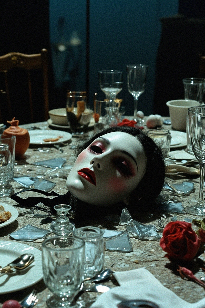 GSL,<lora:Fulan_guishilu_merjic_F.1:0.8>,surrealist Grotesque photography,A surreal scene of a masquerade ball gone awry, with an abandoned masked figure lying amidst shattered glass and scattered tableware
