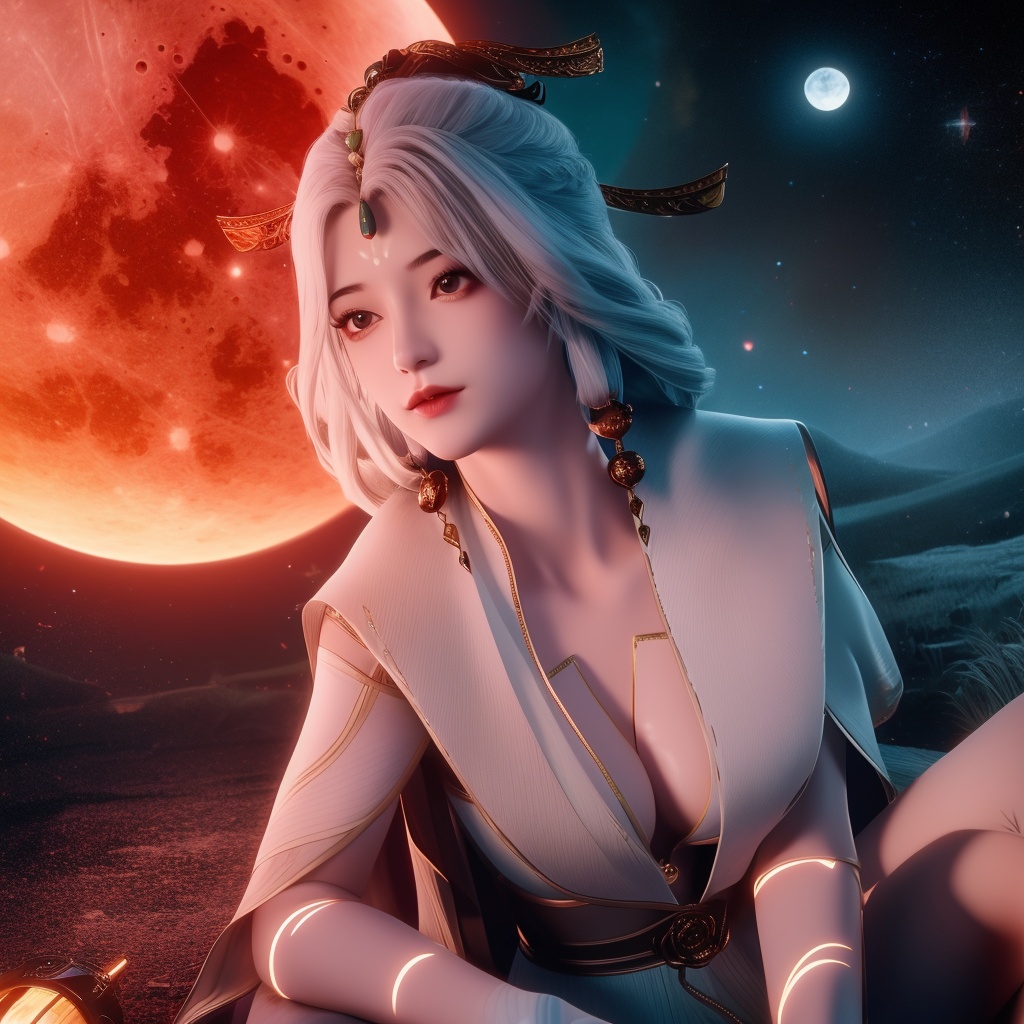<lora:820-DA-念无双-无双:0.8>, (,1girl, ,best quality, ),,  ,,ultra realistic 8k cg,, ,masterpiece, (( , )),, ,science fiction,mole, ,    ,red moon, black rose,(sit),     (cleavage),,  (),