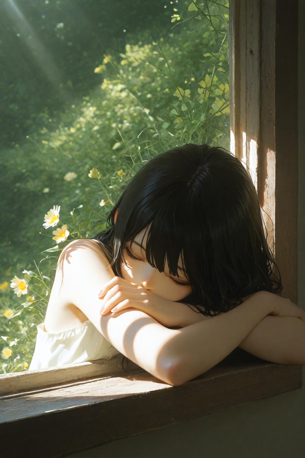 masterpiece,(dino_(dinoartforame):0.5),(yoneyama mai:0.5),1girl,solo,crossed arms,head rest,leaning out of window,sleeping,close-up,day,sunbeam,flower,