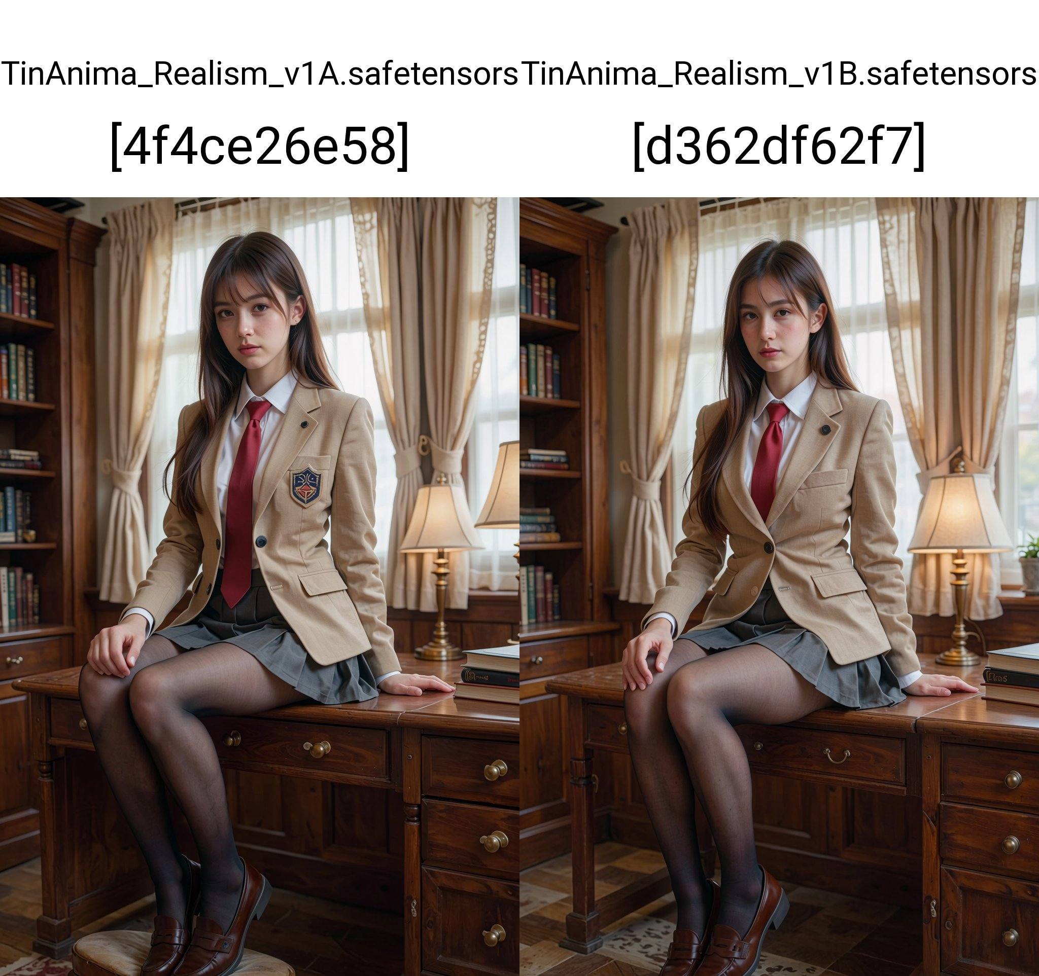 This is a high-resolution photograph featuring a young woman with a slender physique and fair skin,  seated on a wooden de...