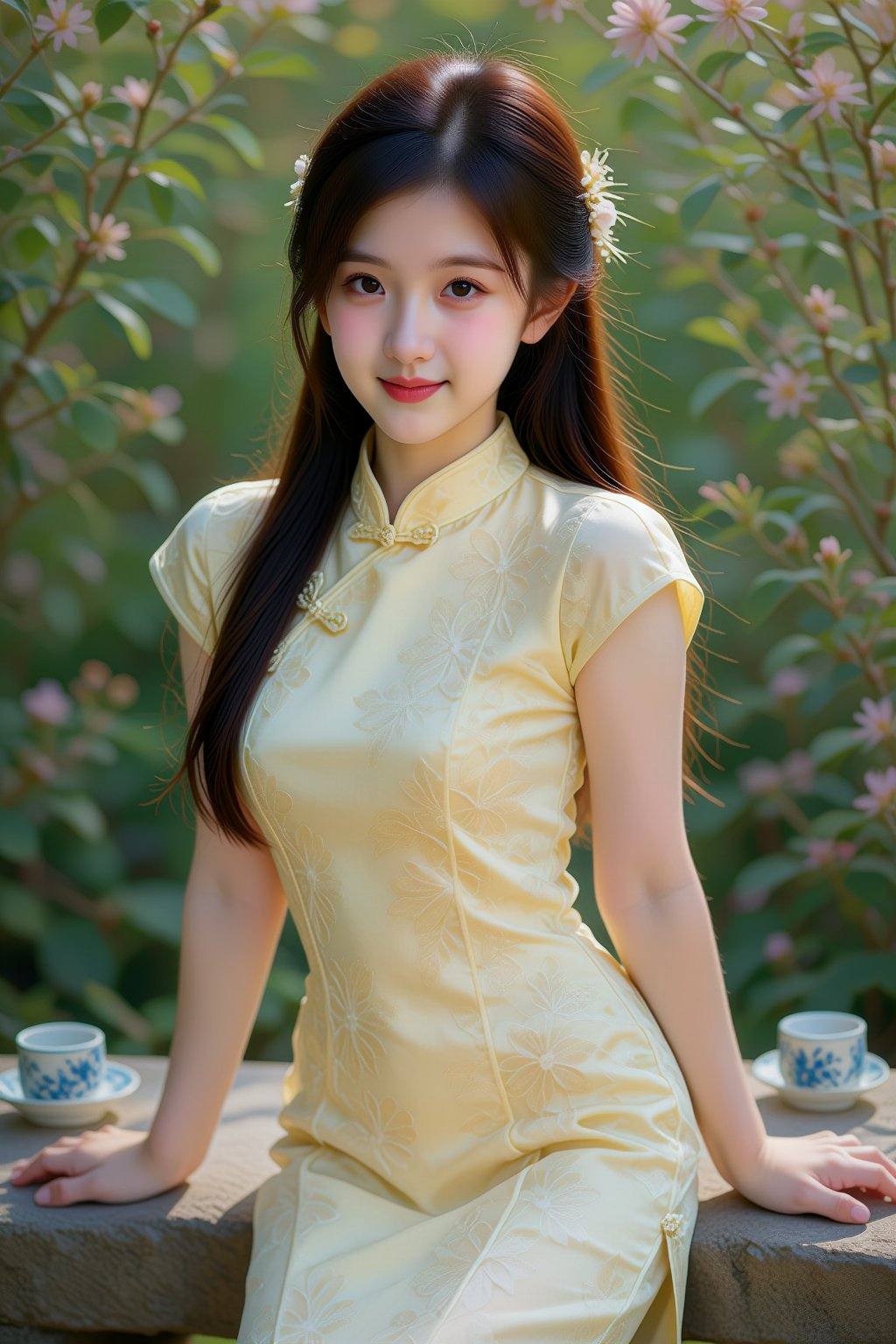 The image depicts a photograph of an East Asian woman with fair skin and long,  straight black hair styled in a side ponyt...