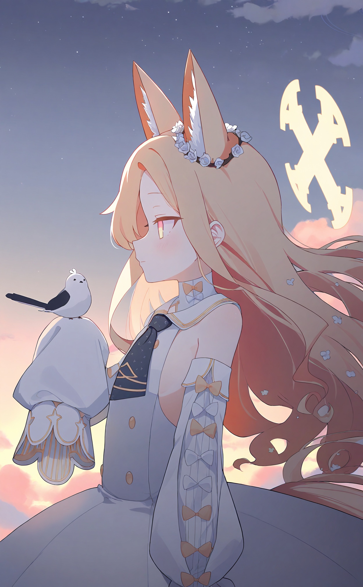 masterpiece,highres,absurdres,newest,best quality,high quality,loli,petite,chromatic_aberration,//,1girl, seia_\(blue_archive\), animal_ears, bird, halo, blonde_hair, fox_ears, white_dress, dress, yellow_halo, detached_sleeves, long_hair, solo, white_bird, sleeves_past_fingers, sleeves_past_wrists, sky, animal_ear_fluff, yellow_eyes, bird_on_hand, fox_girl, hair_ornament, from_side, short_necktie, profile, closed_mouth, evening, star_\(sky\), white_sleeves, flower, hair_flower, bare_shoulders, outdoors, extra_ears, long_sleeves, sleeve_bow, cloud, animal, orange_eyes//,<lora:ba33——【noob】hans:1>,
