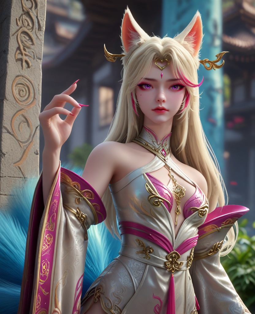 (oriental architecture, elegant decor, sophisticated style:1.1),(Leaning against a graffiti-covered wall, looking cool and urban in a street style pose,:1.1),(breasts:1.2),<lora:XL16克金玩家小狸九尾:0.95>,fox girl,white china dress,purple eyes,facial mark,white hair,pink streaked hair,long hair,fox ears,hair ornament,multiple tails,wide flowing sleeves,pink bra,eyelashes,sharp red fingernails,see-through fart curtain,, zPDXL2, score_9, score_8_up, score_7_up BREAK realistic, masterpiece,best quality, highly detailed,, zPDXL3, zPDXL2,zPDXL, zPDXLxxx, zPDXLrl,