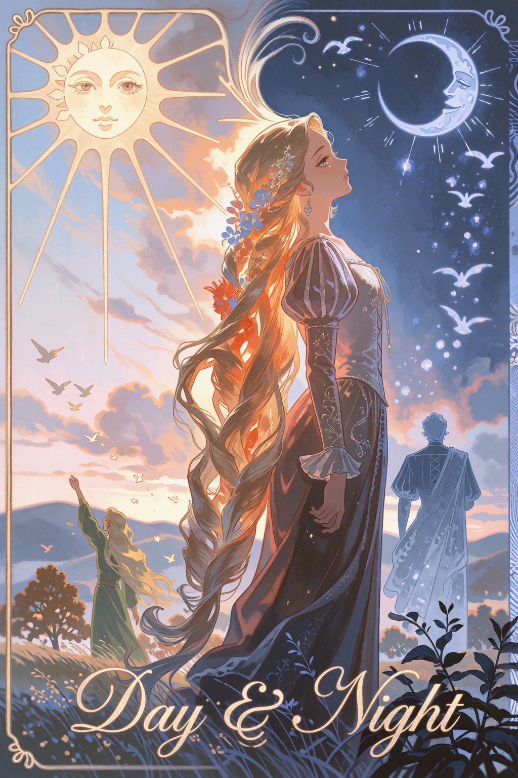 Ethereal fairytale illustration with a striking diptych-style contrast between dawn and twilight,  rendered with soft,  pa...
