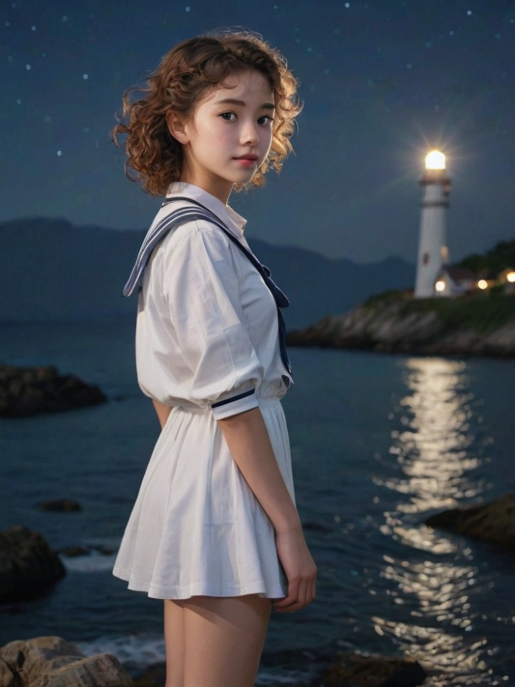 Real photos (1girl: 1.2), curly hair, (sailor suit: 1.3), (realistic style), (lonely lighthouse standing on the shore), (night), (moonlight), (breeze), (sparkling water), a clear stream flowing slowly, (natural scenery), (distant mountains), (starry sky), (peaceful atmosphere), master work, high detail, (close-up of characters)