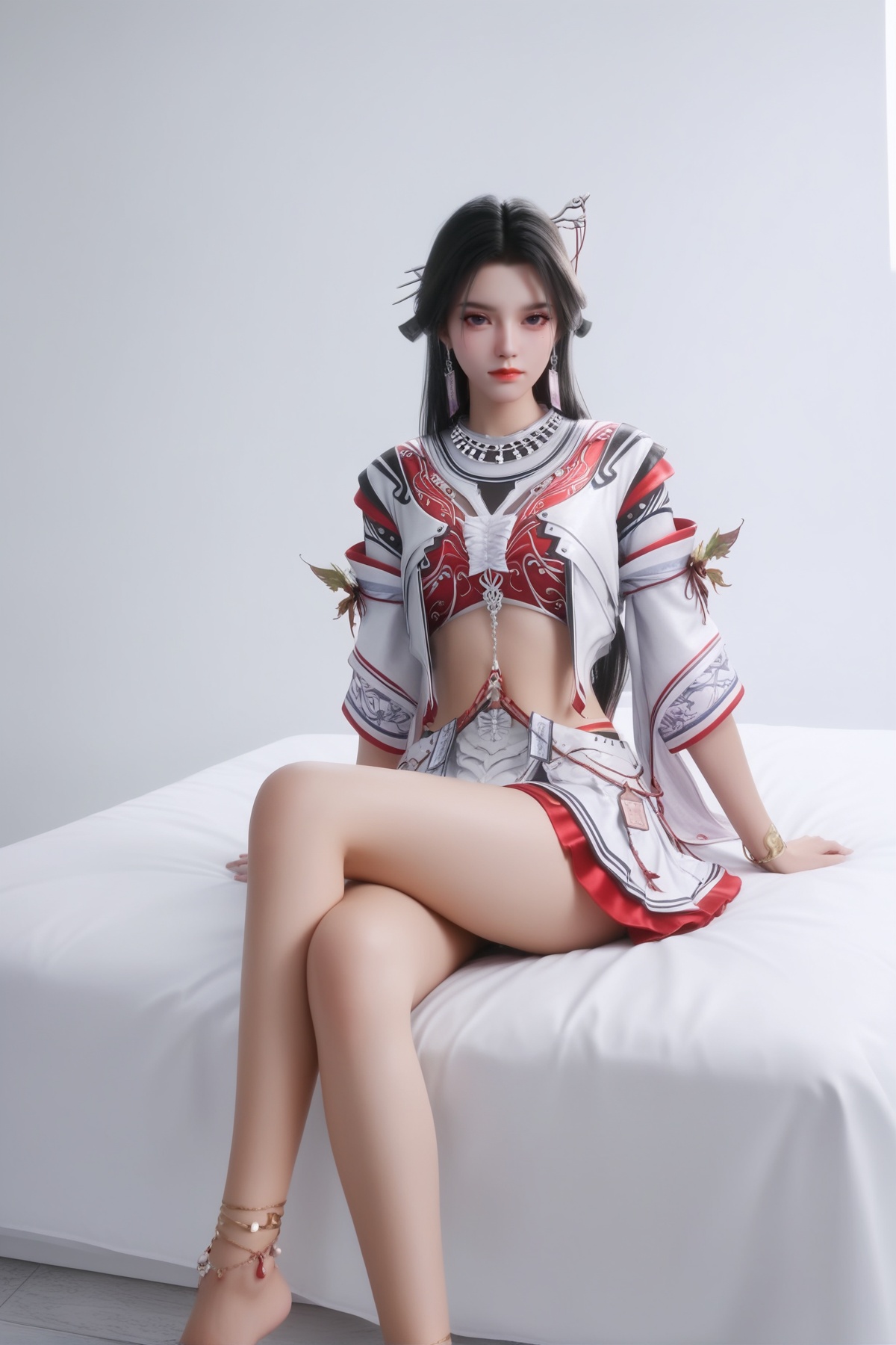 score_9,score_8_up,score_7_up,<lora:wy_yushuier_XL7.0:0.8>,black hair,1girl,solo,jewelry,skirt,anklet,bare legs,long hair,realistic,barefoot,midriff,looking at viewer,hair ornament,sitting,bed,white wall,thick_thighs,