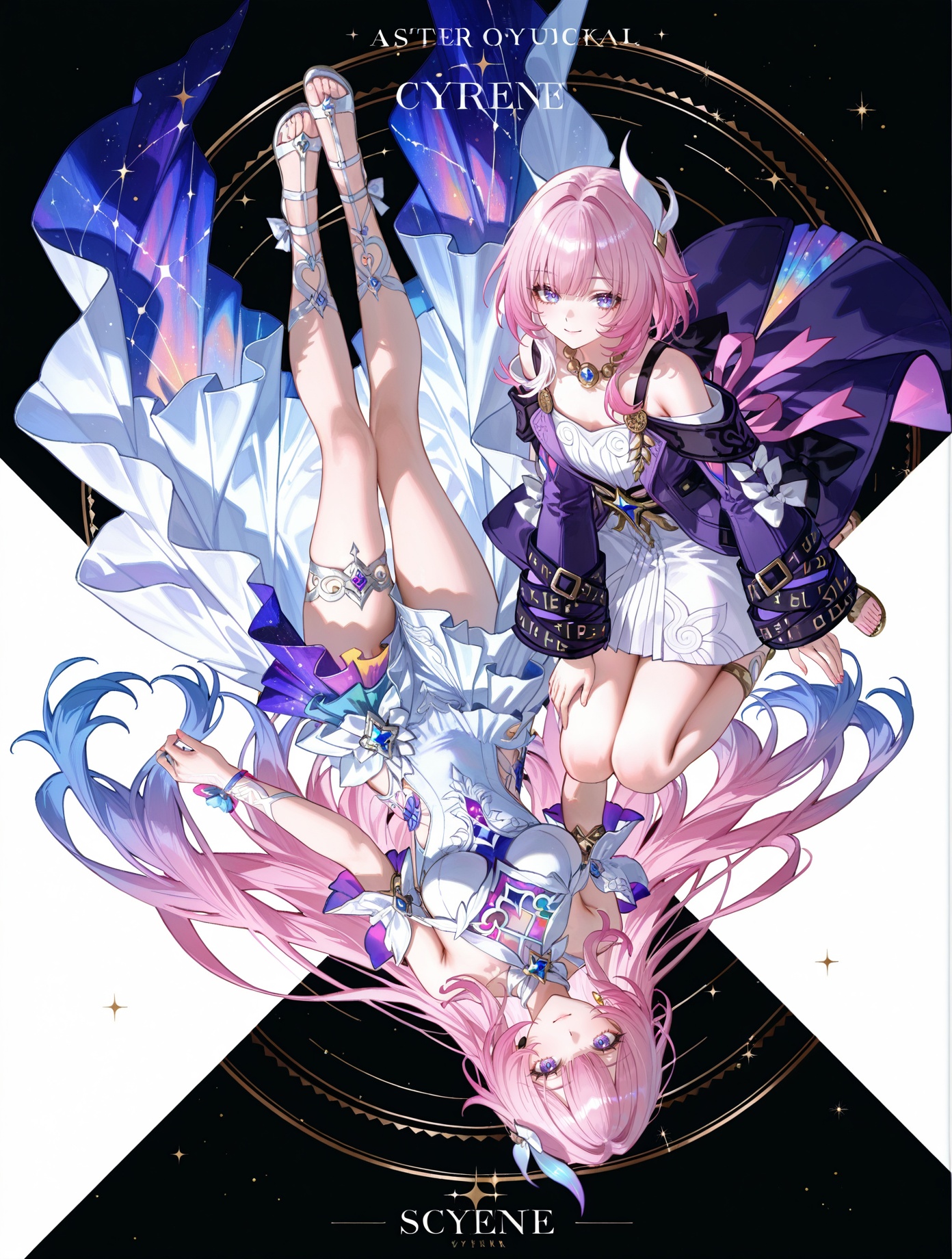 8k,best quality,masterpiece,(ultra-detailed),(high detailed skin),artist:john kafka,(artist:wanke:0.9),artist:fuzichoco,artist:quasarcake,(artist:nixeu:0.8),simple_black_background,black and white theme,Sense of coordination,sense of order,mathematics beauty,(((cover design))),(((((cover art))))),((trim)),album_art,official art,(Master's work),2girls,multiple girls,smile,full body,closed mouth,long hair,white background,looking at viewer,dual persona,upside-down,<lora:Cyrene-v2-noob-Tanger:0.8>,(2girls:1.2),height difference BREAKCyrene \(honkai: star rail\),Cyrene \(*****\),Cyrenebig,clothes: Cyrenebig white-and-purple dress,Cyrenebig hair ornament,1girl,pink hair,long hair,bangs,purple eyes,breasts,white footwear,bare shoulders,Cyrenebig bridal garter BREAKCyrene \(13 years old\),Cyrenesmall,clothes: Cyrenesmall purple and white dress,single side Cyrenesmall hair ornament,1girl,pink hair,sandals,coat,blue eyes,bangs,jewelry,long sleeves,small breasts BREAK