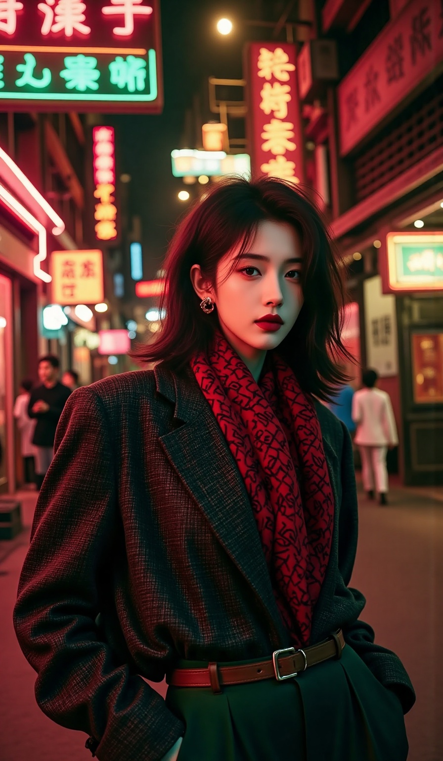 Hong Kong style,beauty,This is a high-resolution photograph featuring a young Asian woman standing in a vibrant, neon-lit urban setting, likely a bustling city street at night. She has a light to medium skin tone and a slender build. Her hair is shoulder-length, styled in loose waves, and she has a subtle, natural makeup look with bold red lipstick. She is wearing a dark, textured blazer with a high collar, which she pairs with a red, geometric-patterned scarf tied around her neck. The blazer is cinched at the waist with a brown belt, and she wears high-waisted, dark green trousers that fall to her ankles. Her accessories include large, hoop earrings and a ring on her right hand.The background is a rich tapestry of neon lights in various colors, including red, green, and blue, creating a dynamic and slightly surreal ambiance. The street is lined with signs and buildings, some with Chinese characters, adding to the exotic and urban feel. The lighting casts a warm glow, highlighting the textures of her clothing and the intricate patterns of the scarf. The overall aesthetic is modern and chic, with a hint of vintage glamour. The photograph is credited to "Bisai," a fashion photographer known for his vibrant and stylish images.