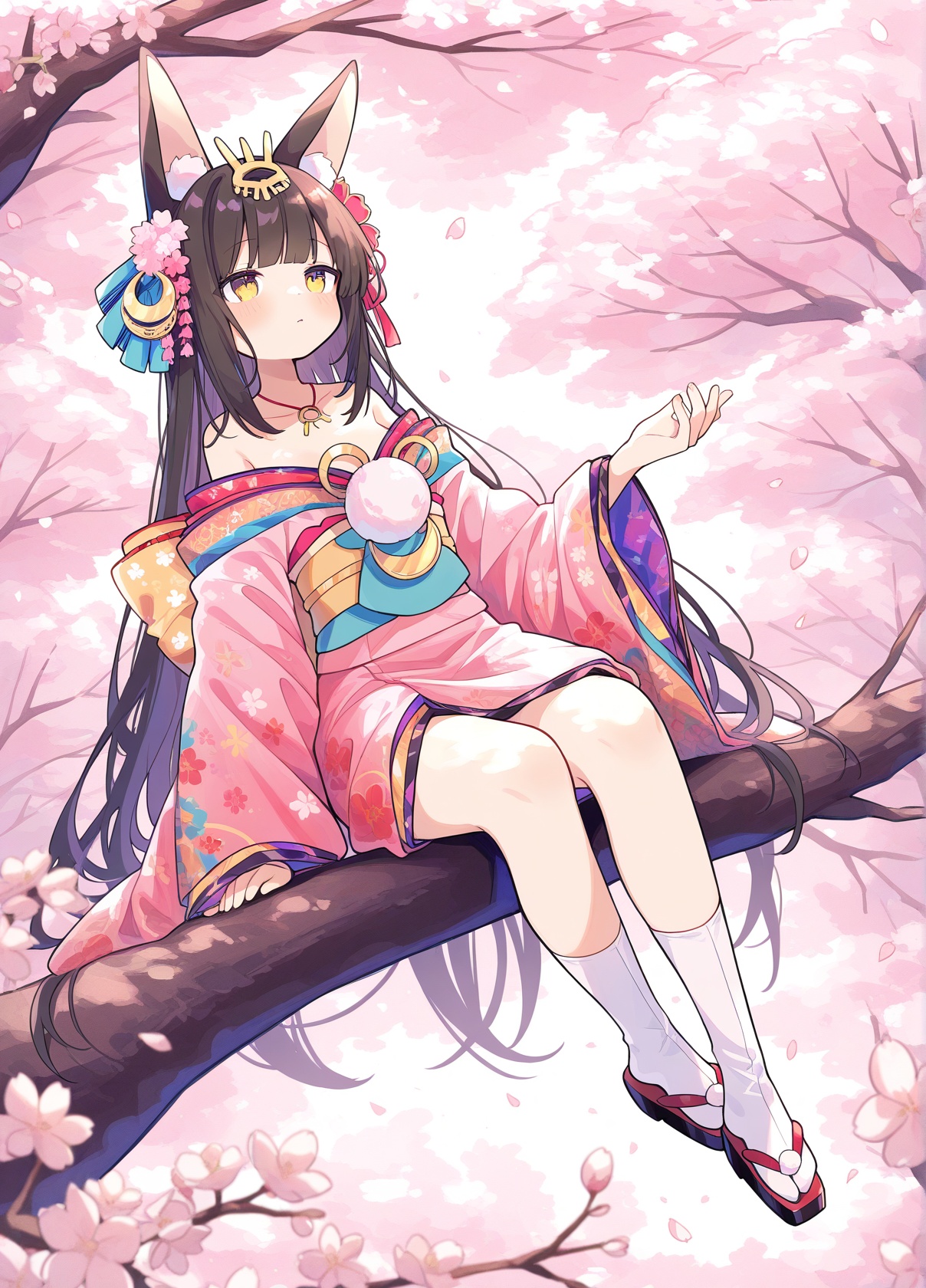 <lora:nagato_IL_v1.0:1>,nagato \(guardian fox's shining furisode\) \(azur lane\),kimono,cherry blossoms,sitting in tree,(uenomigi:0.7),, masterpiece,best quality,