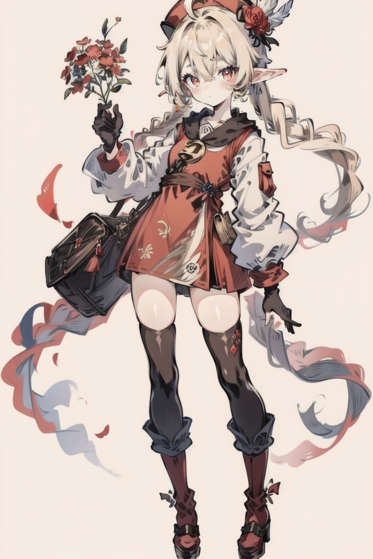 ((HRD, HUD, 8K)),((masterpiece, best quality)), highly detailed,YuanShen, 1girl, solo, klee (genshin impact), hat, red eyes, backpack, red headwear, bag, boots, pointy ears, brown footwear, dress, bangs, gloves, hat feather, twintails, long sleeves, full body, looking at viewer, red dress, low twintails, flower, hair between eyes, blonde hair, ahoge, simple background, long hair, cabbie hat, standing, feathers, closed mouth, red flower, socks, holding, brown gloves, knee boots, <lora:20240318-1710771192163:0.9>