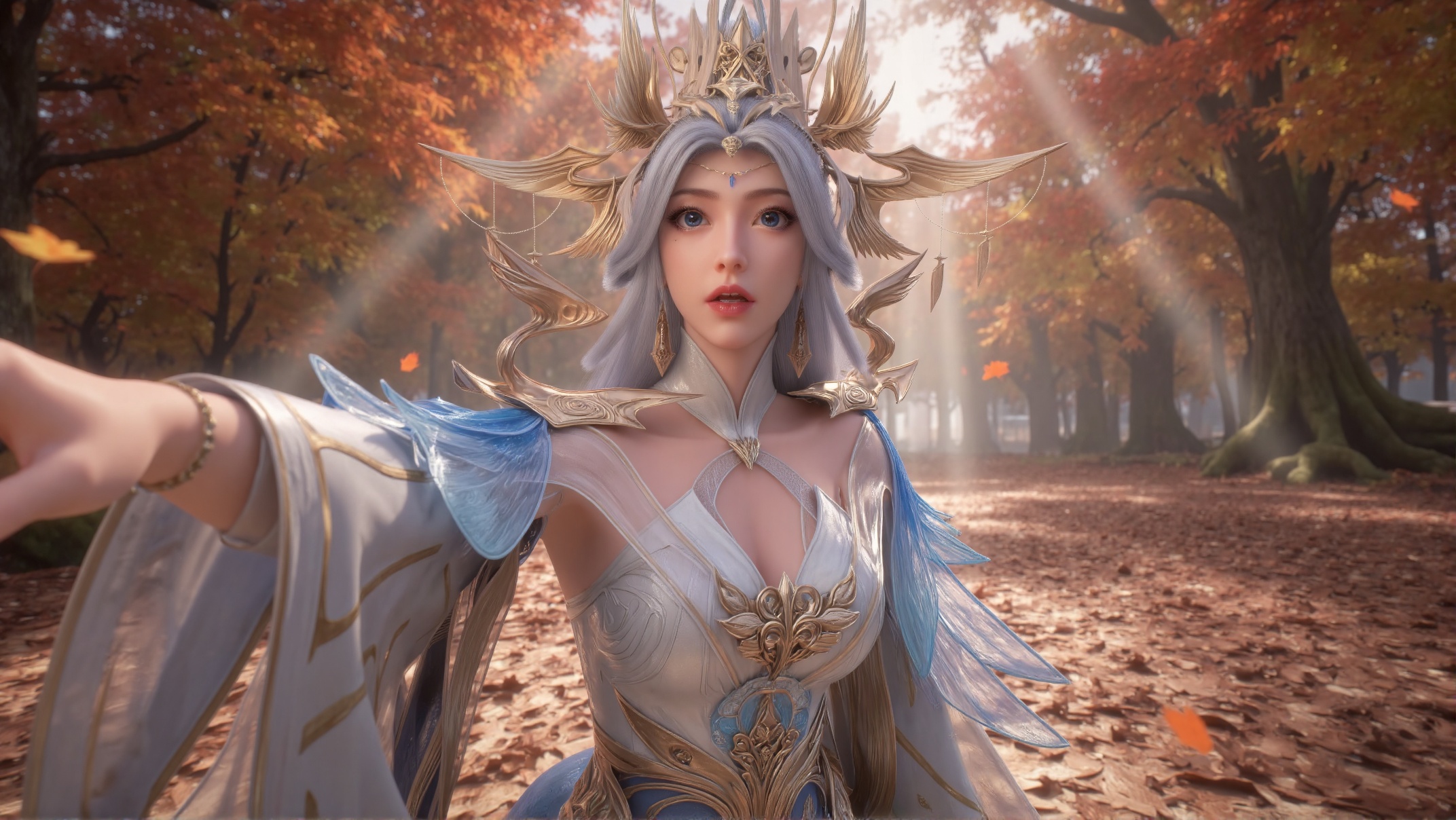 A self of Ningyudie,A self-portrait of an elegant fantasy female character with celestial beauty and a mystical aura,featuring long flowing silver hair,bright blue eyes,red lips,and delicate facial features. She wears an ornate fantasy armor-dress hybrid in white,blue,and gold tones,with feather-like extensions and intricate gold accents. Her attire is complemented by a large ornate headdress with feathers and gold,along with detailed earrings and a necklace showcasing a large blue gemstone. The character is taking a selfie with a shocked expression,one arm extended forward as if holding a camera or smartphone,in a running pose. The shot uses Dutch angle (tilted lens) and motion blur,adding a sense of unease and tension. Behind her,the scene shifts to a beautiful autumn maple forest with leaves falling gently through the air,creating a serene yet dynamic backdrop. The ground is covered with a thick layer of fallen maple leaves in shades of red,orange,and yellow. Rays of sunlight pierce through the canopy,casting soft shadows on the forest floor. The atmosphere feels calm and peaceful,contrasting sharply with the tense posture of the character. Fantasy art style,high detail,cinematic lighting,4K ultra HD.,