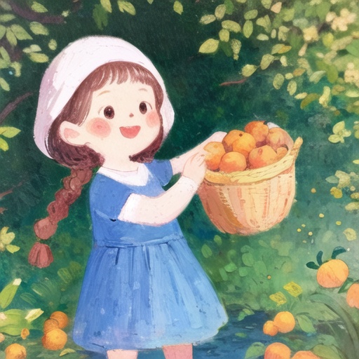 <lora:sfch-000006:0.8>,4k,Autumn,first frost solar term,persimmon tree,covered with persimmons,persimmons with frost,a little girl holding a basket to pick persimmons,she wore two braided hair,wearing a headscarf,wearing a long skirt,wearing a red scar,eyes big,red face,laughing eyes on covered is young on,narrowed into a sea am,the picture warm tone,warm,beautiful background colorful background forest background,simple detail tuyafengge Disney Little Man 001KIDS ILLUSTRATION MBE_style bichu,oil painting,Impressionism mjtyhz,