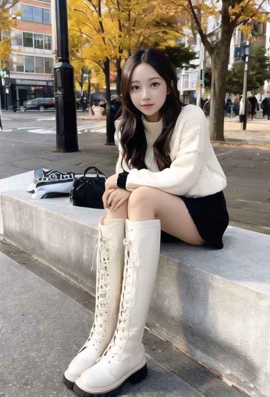 1girl, kneehigh boots,white boots,outdoors, city, street,square, sitting on bench,miniskirt,black sweater,autumn,full body, <lora:kneehighboots:0.8> <lora:koreanDollLikeness_v20:0.7> 