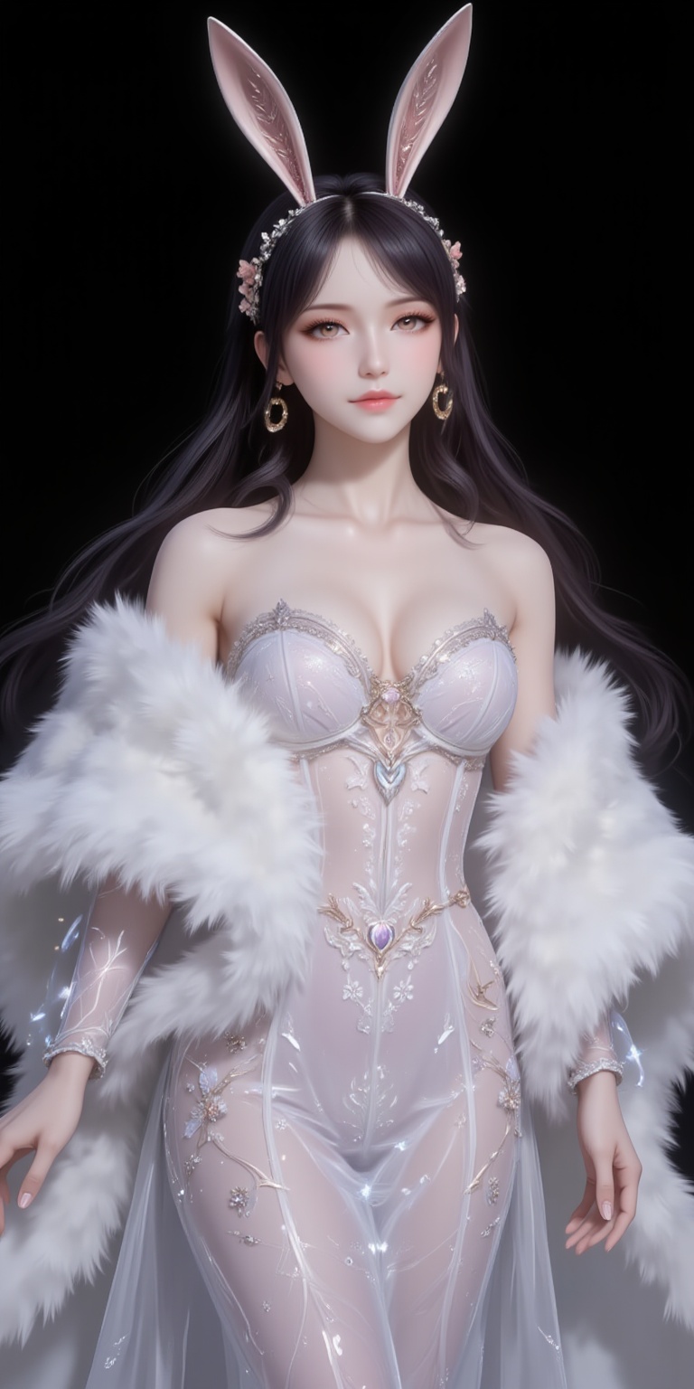 <lora:婚纱1·人物百搭款6:1.1>,hunsha,1girl,dress,solo,breasts,fur shawl,white dress,cleavage,bare shoulders,medium breasts,indoors,standing,strapless dress,sparkle,black_background,simple background,cover,gradient background,close-up details,outstanding style,adding a touch of dimension to your images without compromising details,close-up,<lora:DJ滤镜_2.5D版:0.3>,lvjing,<lora:油画唯美滤镜15:0.2>,baoshi,<lora:江楠楠·衣服百搭款6:1.1>,jiangnannan,black hair,long hair,wavy hair,very long hair,brown eyes,fair_skin,rabbit ears headwear,
