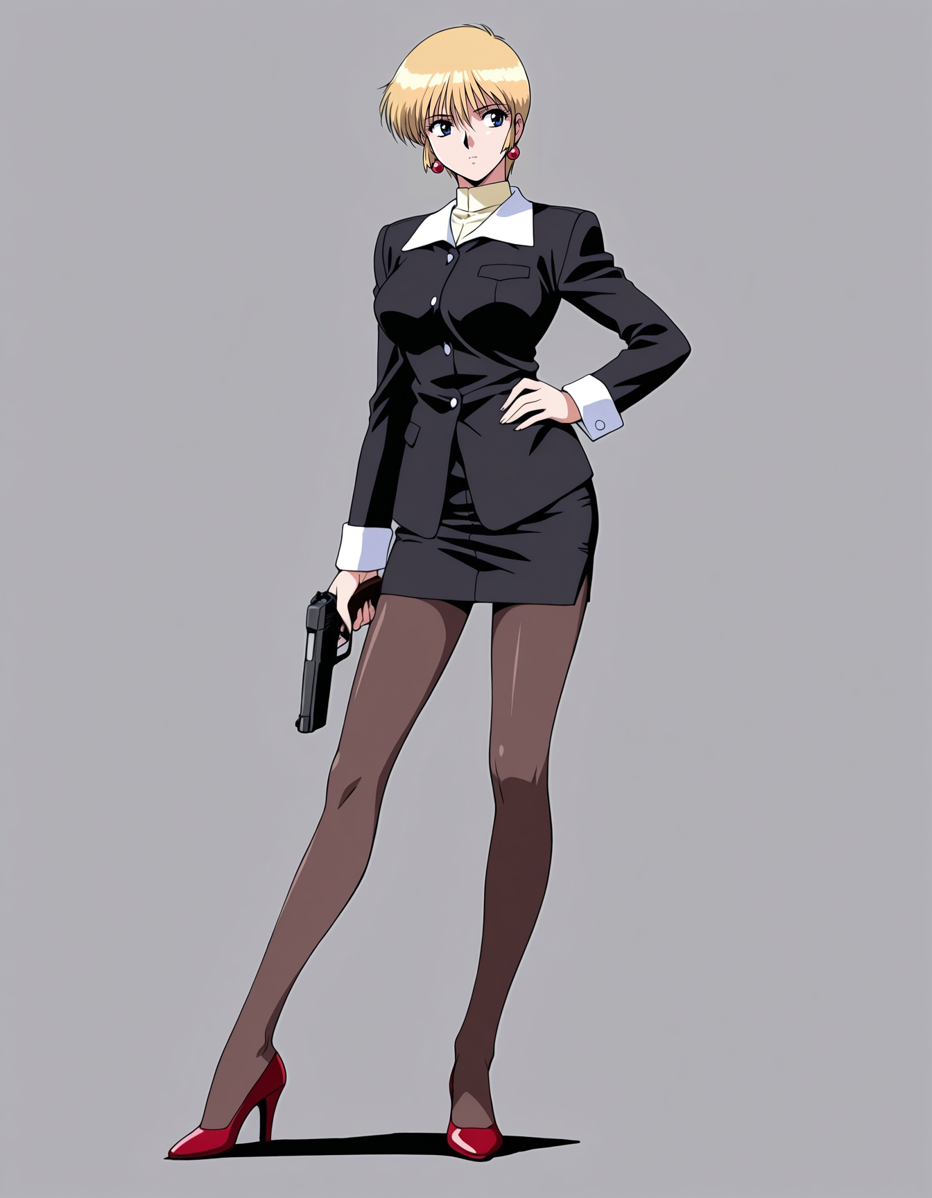 masterpiece,best quality,amazing quality,very aesthetic,high resolution,ultra detailed,perfect details,simple background,grey background,1girl,solo,full body,retro_artstyle,1990s_(style),anime coloring,<lora:mai-heartwork-gg:1>,mai-heartwork-gg,short_hair,blonde_hair,earrings,black_suit,pencil_skirt,pantyhose,red high heels,handgun,