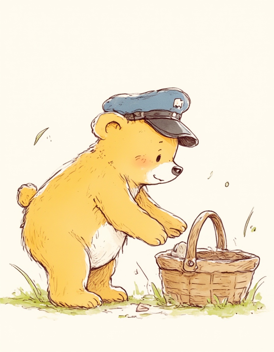neomj,illustration,A cute little yellow bear wearing a blue peaked cap bends down and reaches out his left hand to pick up something in someone's basket,smiling,crayon style,pixel and Pointillism style,<lora:neomj故事感线条水彩风10:1>,