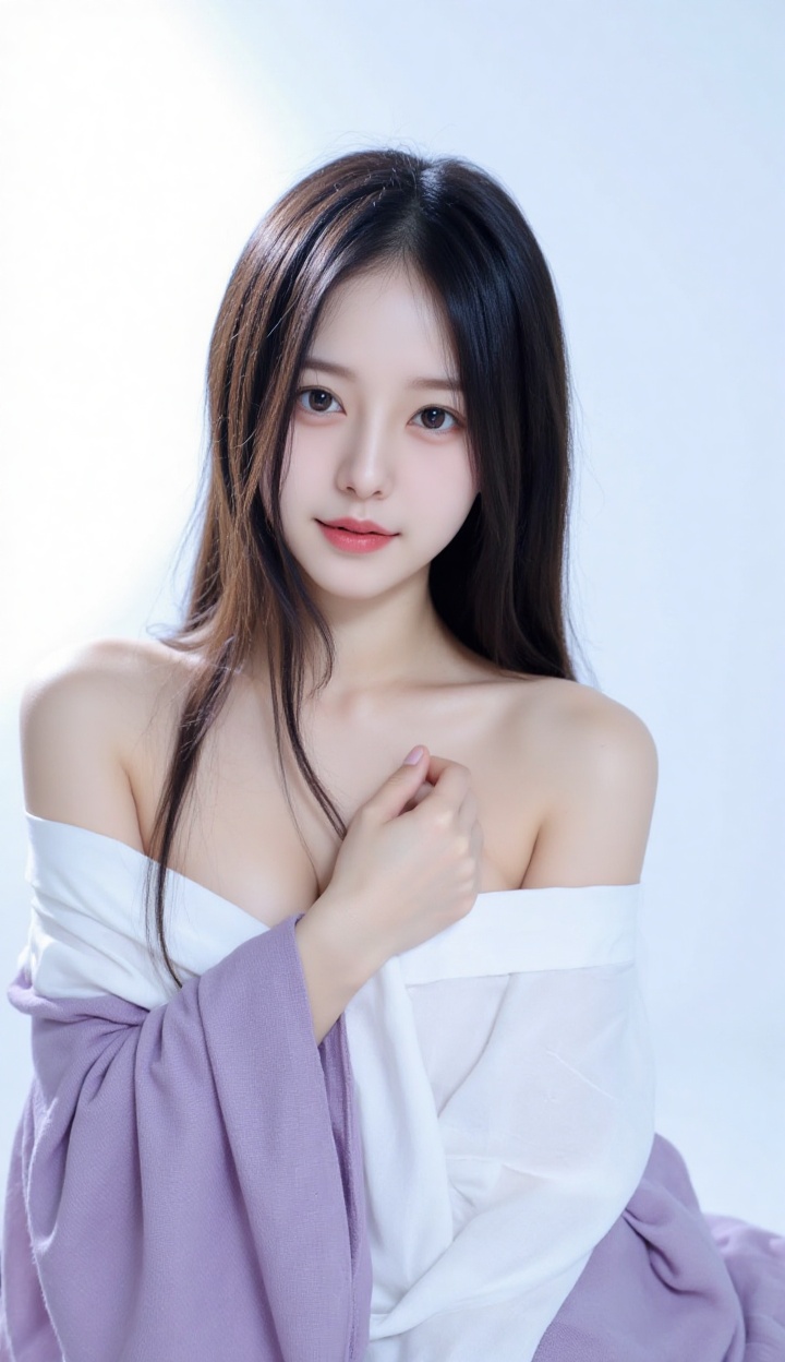 Photograph of an Asian woman with long,straight black hair,fair skin,and a slender physique. She wears a white and purple draped garment,partially covering her bare shoulders and upper chest. The background is a gradient from white to light blue. Her expression is soft,with a hint of sensuality.,