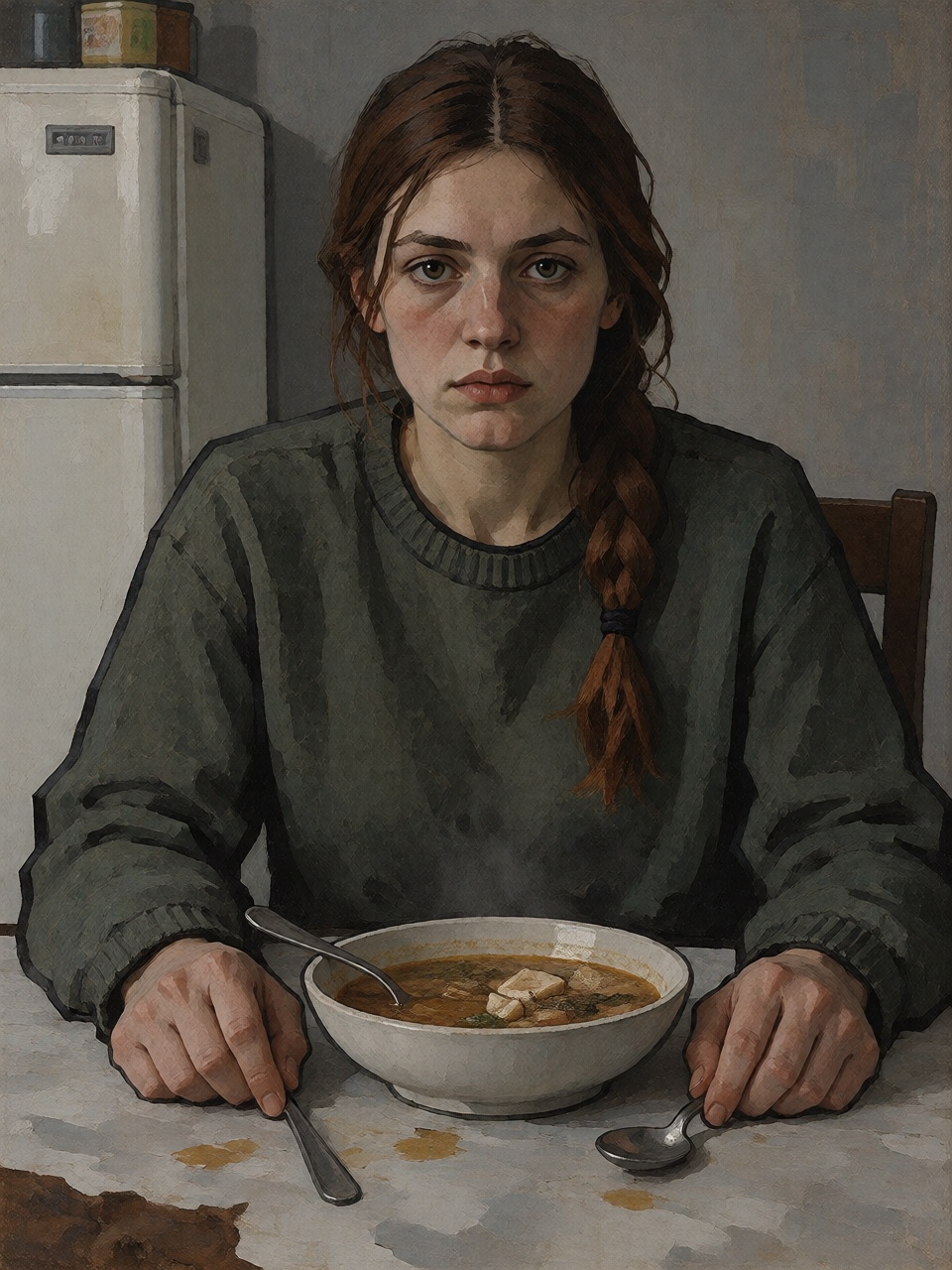 A young woman sitting at a small kitchen table,  both hands resting beside an untouched bowl of soup. She wears a dark gre...
