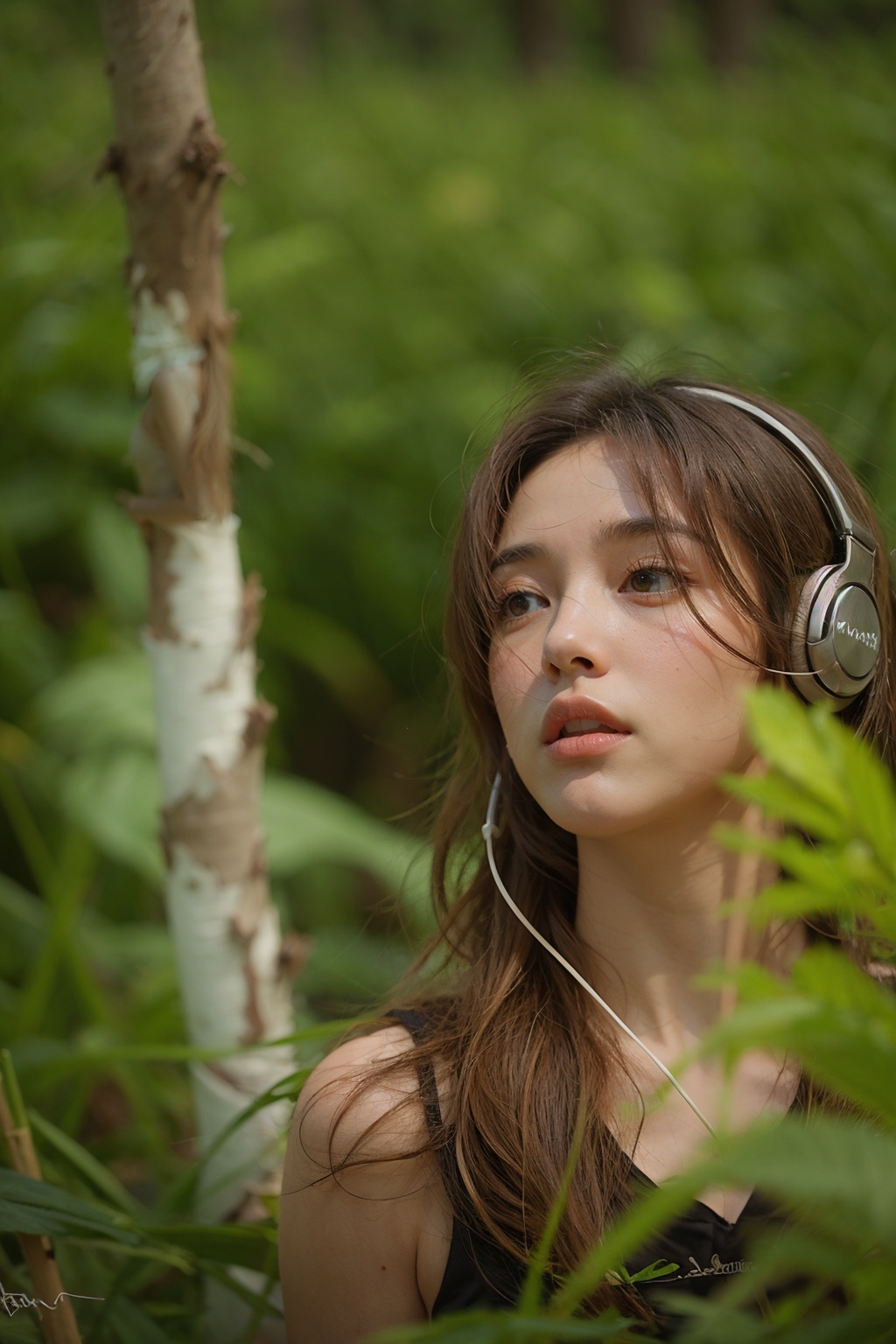 1girl,flowers,(yellow reed:1.1),forest,solo,long hair,(realistic:1.1),headphones,white background,brown hair,simple background,headphones around neck,lips,parted lips,looking to the side,upper body,forehead,looking away,black hair,bare shoulders,signature,brown eyes,**** top,black eyes,<lora:linhe luweidang_20231022151238:0.7>,