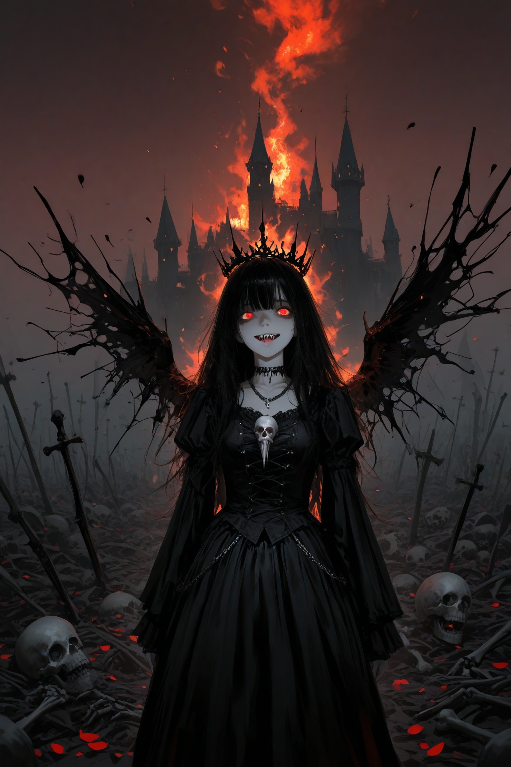 masterpiece, best quality, amazing quality, ultra-detailed, masterpiece, best quality, ultra-detailed, highres, cinematic lighting, soft lighting, beautiful detailed eyes, (EyesHD:1.2),BREAK(rella:1.2), (redum4:1.2) (au \(d elete\):1.2) (dino \(dinoartforame\):1.1), wlop, cinematic, epic,BREAKhigh contrast,dramatic shadows,BREAK1girl, solo, sinister, crimson eyes, glowing pupils, pale skin, scarred face, long black hair, messy hair, tangled hair, dark crown, thorn crown, malicious smile, sharp teeth, gothic dress, tattered dress, chains, bone necklace, skeletal armor, cursed aura, shadow aura, glowing red runes, demonic staff, skull ornament, black wings, broken wings, blood petals, flying crows, burning sky background, ruined castle background, moody twilight lighting, cinematic composition usnr, masterpiece, ultra-detailed, best quality ,intricate details ,ai-generated, perfect anatomy, absurdres,