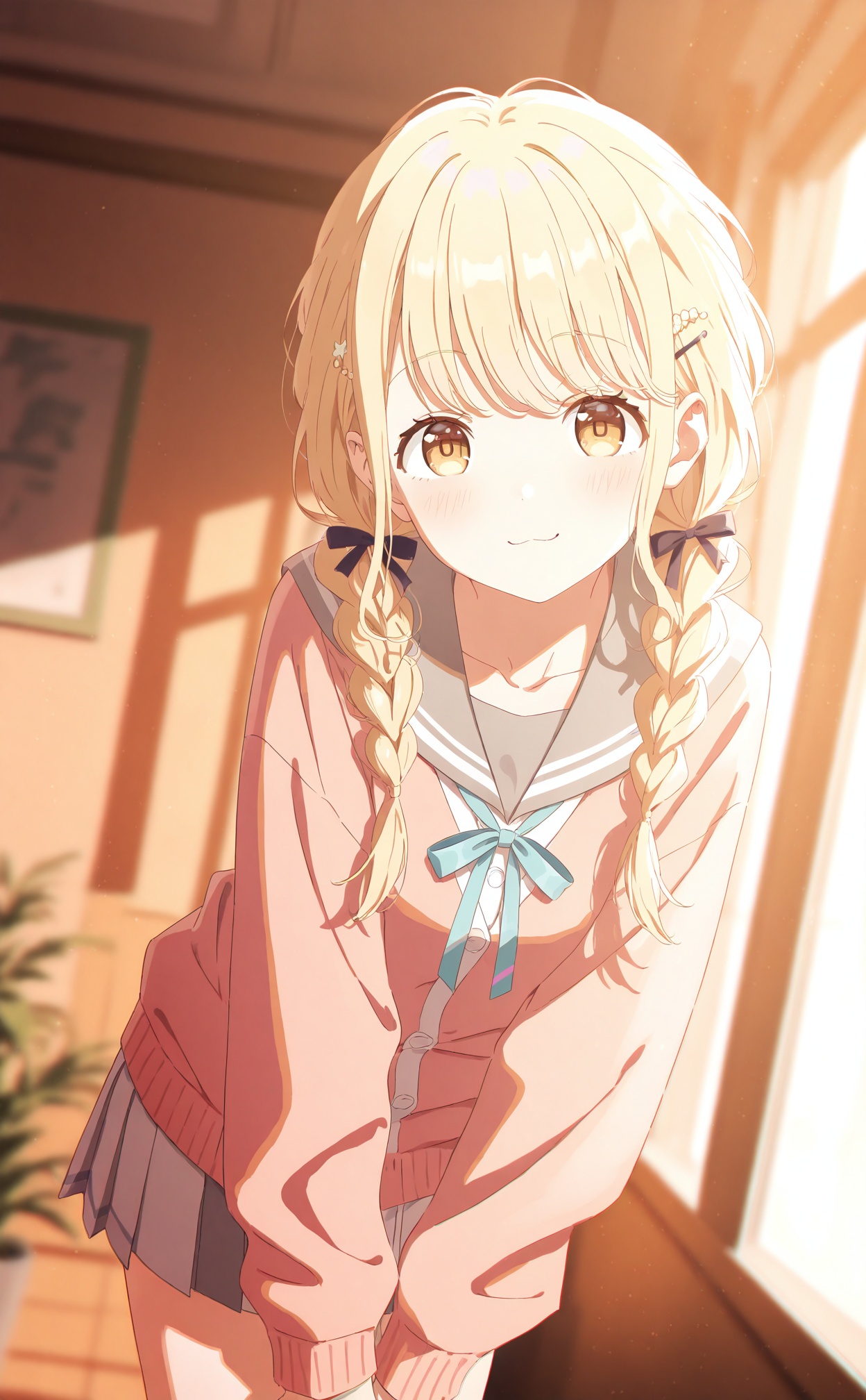 masterpiece,very aware,highres,absurdres,newest,best quality,loli,petite,high quality,chromatic_aberration,cinematic_angle,dutch angle,//,fujita kotone,1girl, blonde hair, solo, braid, twin braids, skirt, school uniform, looking at viewer, long hair, sailor collar, hair ornament, virtual youtuber, yellow eyes, ribbon, blush, pink cardigan, :3, indoors, long sleeves, leaning forward, serafuku, smile, pleated skirt, hairclip, blurry, blue ribbon, closed mouth, twintails, grey skirt, blurry foreground, window, flower, neck ribbon, collarbone, white skirt, plant, hair bow, bow, cardigan, grey sailor collar//,official art,depth of field,detailed light,blurry background,best shadow,shiny skin,cinematic lighting,ray tracing,amazing quality,very aesthetic,absurdres,beast quality,ultra detailed,newest,8K,HDR,//,<lora:BA2——【Illustrious】hans:0.4>,<lora:chahua——【noob】hans:0.6>,