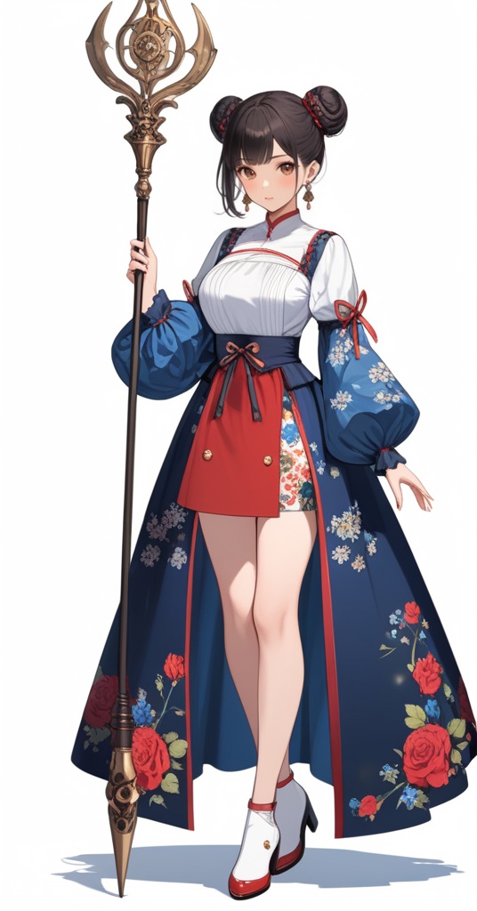 (best quality), ((masterpiece)), (highres), illustration, original, extremely detailed,1girl, solo, double bun, hair bun, holding, earrings, jewelry, white background, black hair, long sleeves, full body, simple background, looking at viewer, standing, staff, puffy sleeves, polearm, floral print, puffy long sleeves, shoes, white footwear, brown eyes, holding staff, blush, rose print, shirt, weapon