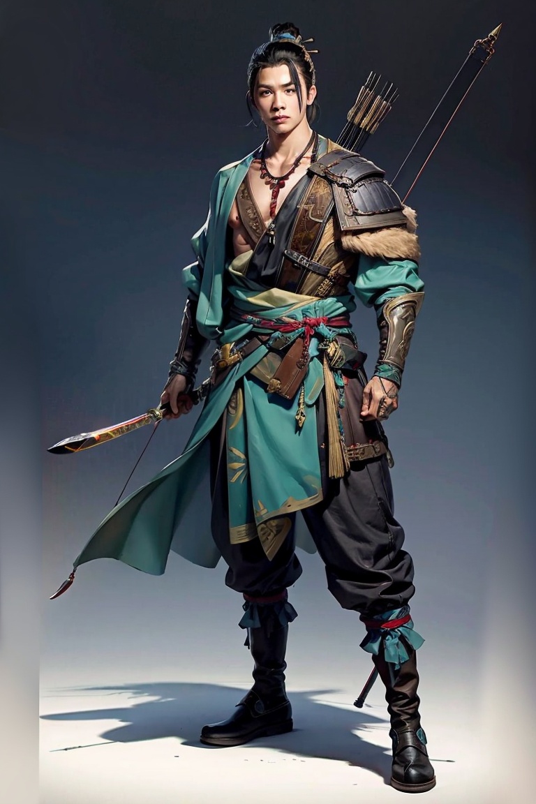 JYGL 1boy arrow \(projectile\) black hair boots bow \(weapon\) full body jewelry male focus necklace solo standing sword weapon,<lora:金庸古龙20240110-1704831963137-0010:0.8>,