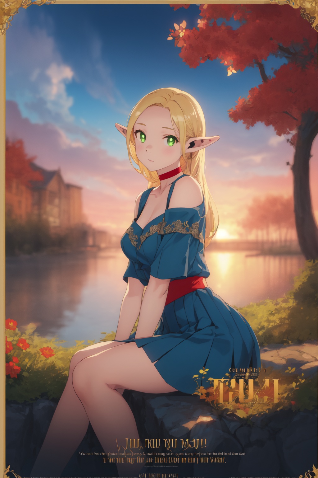 1girl,looking at viewer,solo,elf,long hair,blonde hair,pointy ears,green eyes,choker,red choker,<lora:Marcille (3):0.8>,Marcille_CYQL,(naughty_face,sitting,panorama,front view:1.1),Sophisticated midi dress with a high neckline and pleated skirt,beautiful face,beautiful eyes,glossy skin,shiny skin,Autumn, Foliage, River, Reflection, Colors, Trees, Serenity, Beauty,Coastal wildflowers, Sand dunes, Coastal breeze, Wildflower explosion, Coastal landscape, Sunset hues,beautiful detailed sky,beautiful detailed glow,(movie poster:1.2),(border:1.3),(English text:1.4),posing in front of a colorful and dynamic background,masterpiece,best quality,beautiful and aesthetic,contrapposto,female focus,fine fabric emphasis,wallpaper,fashion,intricate detail,finely detailed,fine fabric emphasis,glossy,<lora:增强减少细节add_detail:0.4>,
