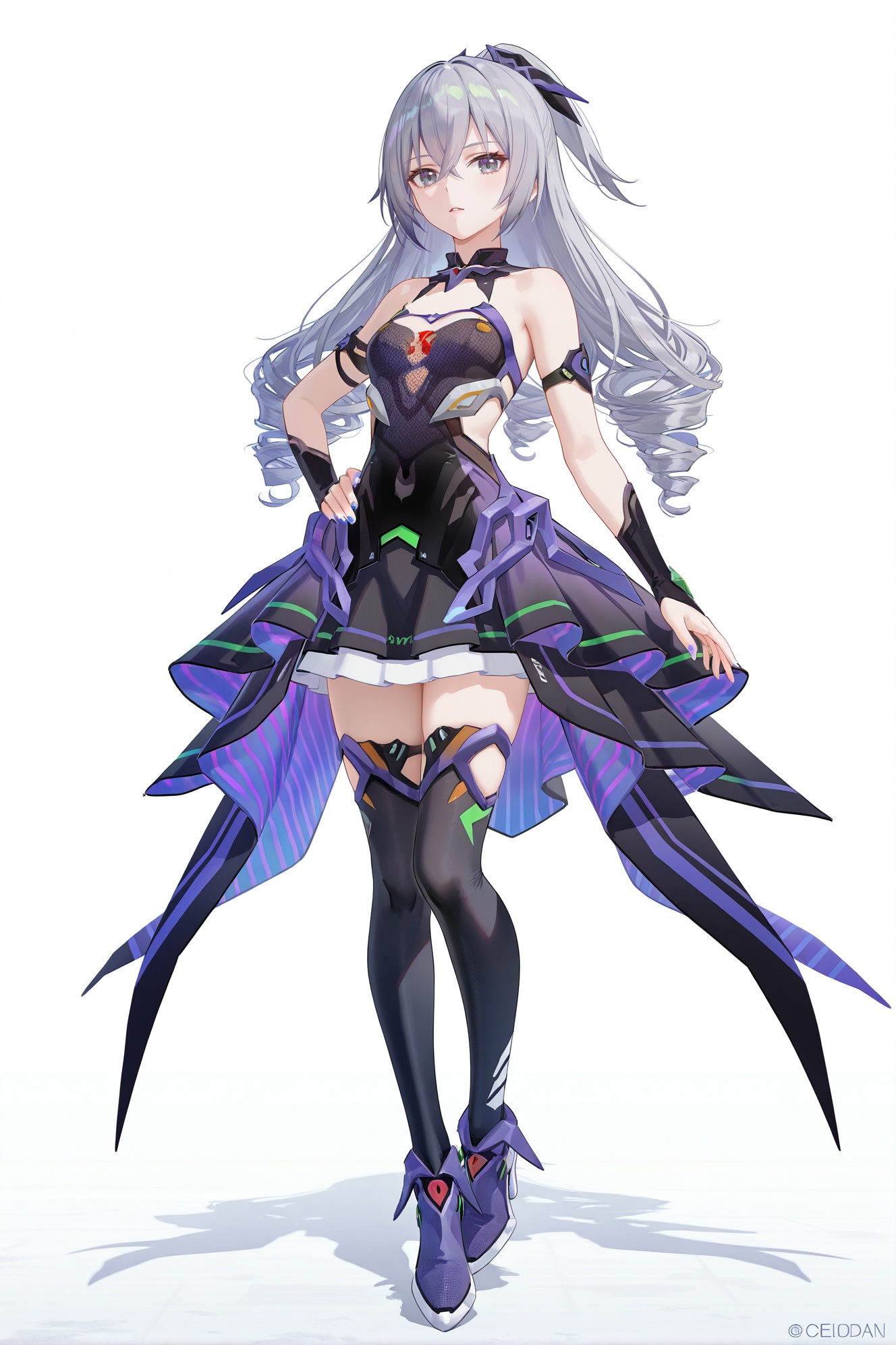 8k,best quality,masterpiece,(ultra-detailed),(high detailed skin),((artist:reoen),(artist:fuzichoco),(artist:atdan),(artist:torino_aqua),year 2024:0.8)1girl,[artist:wlop],[artist:ningen_mame],artist:ciloranko,[[artist:rhasta]],artist:tidsean,colorful,full body,full shot,standing,looking at viewer,(solo:1.2),simple background,(white background:1.2),hand on own hip,(white background:1.1),<lora:BronyaZaychik-zhenli-ill-Tanger:0.8>,Bronya Zaychik \(Bestial Afterburn\),clothes: Bestial Afterburn dress purple style,purple style,Bestial Afterburn purple high heels,Bestial Afterburn purple hair ornament,1girl,drill hair,grey hair,grey eyes,black thighhighs,