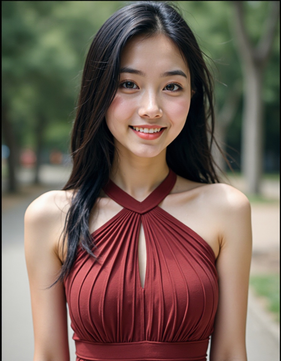 film grain, photorealistic, realistic, 1girl, solo, black hair, looking at viewer, dress, long hair, smile, halter neck pleated dress, sleeveless, breasts, brown eyes, lips, upper body, outdoors,