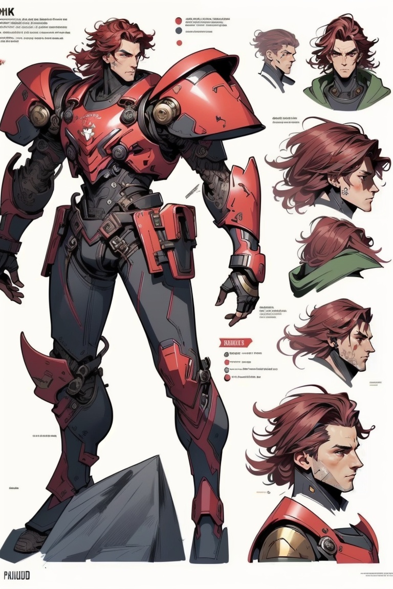 ((HRD, HUD, 8K)),((masterpiece, best quality)), highly detailed,game character design,multiple views, reference sheet, simple background, white background, concept art, 1boy, long hair, red hair, brown hair, brown eyes, armor, bodysuit, shoulder armor, pauldrons, breastplate, power armor, boots,  <lora:20231226-1703587104099:1>