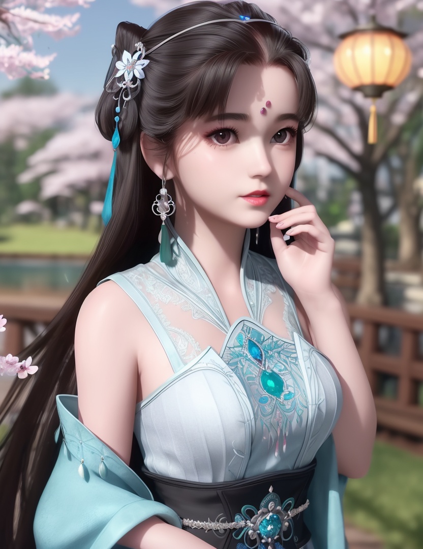 ultra realistic 8k cg, picture-perfect face, flawless, clean, masterpiece, professional artwork, famous artwork, cinematic lighting, cinematic bloom, perfect face, beautiful face, fantasy, dreamlike, unreal, science fiction,  beautiful clothes, lace, lace trim, lace-trimmed legwear,  (rich:1.4), prestige, luxury, jewelry, diamond, gold, pearl, gem, sapphire, ruby, emerald, intricate detail, delicate pattern, charming, alluring, seductive, erotic, enchanting, hair ornament, necklace, earrings, bracelet, armlet,halo((,1girl, ,))(((,teenage,full moon,lantern, cherry blossoms, 1girl, tree, spring_\(season\), solo, black_hair,chinese clothes,looking at viewer, upper body, ))) <lora:DA_LanLingEr:0.6>