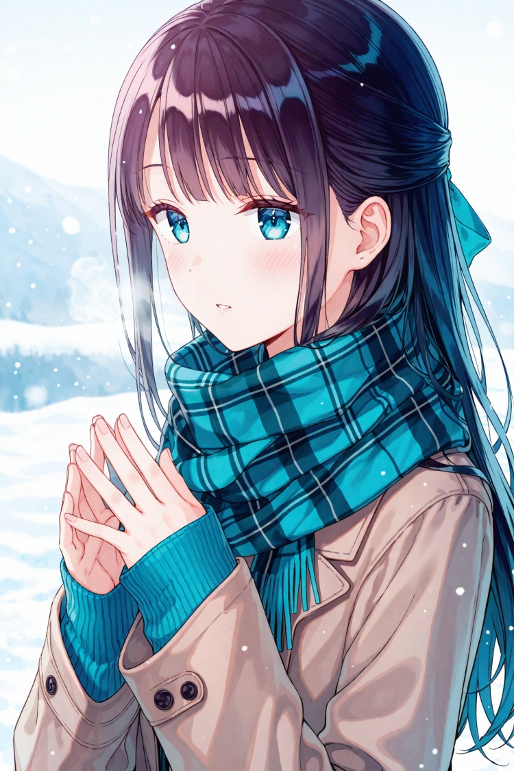 masterpiece,best quality,illustration,ultra detailed,hdr,Depth of field,(colorful),Artist hiten (hitenkei),solo,1girl,scarf,long hair,plaid scarf,blue eyes,blush,long sleeves,parted lips,upper body,sleeves past wrists,steepled fingers,hair bow,own hands together,bow,white background,plaid,hands up,blue scarf,jacket,snowing,breath,fingernails,simple background,coat,half updo,snow,