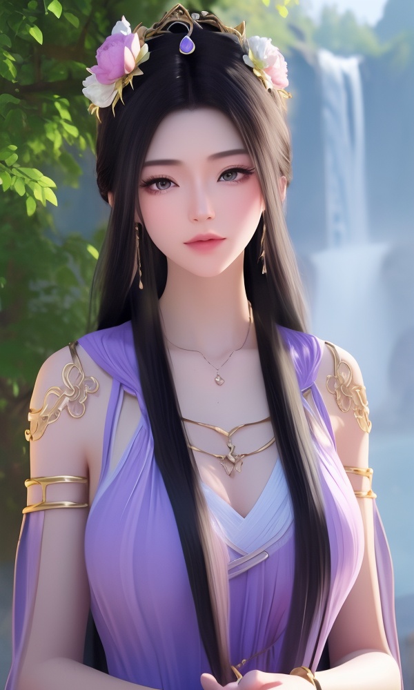 (,1girl, ,best quality, ),looking at viewer, <lora:395-DA-凡人修仙传-紫灵:0.8> ,,ultra detailed background,ultra detailed background,ultra realistic 8k cg, , ,masterpiece, (( , )),,, ultra realistic 8k cg, ,tamari \(flawless\),     ,peony \(flower\),   waterfall,    (()), (), , jewelry, necklace, solo, , , , hair_ornament, , earrings,large breasts,,  , ,