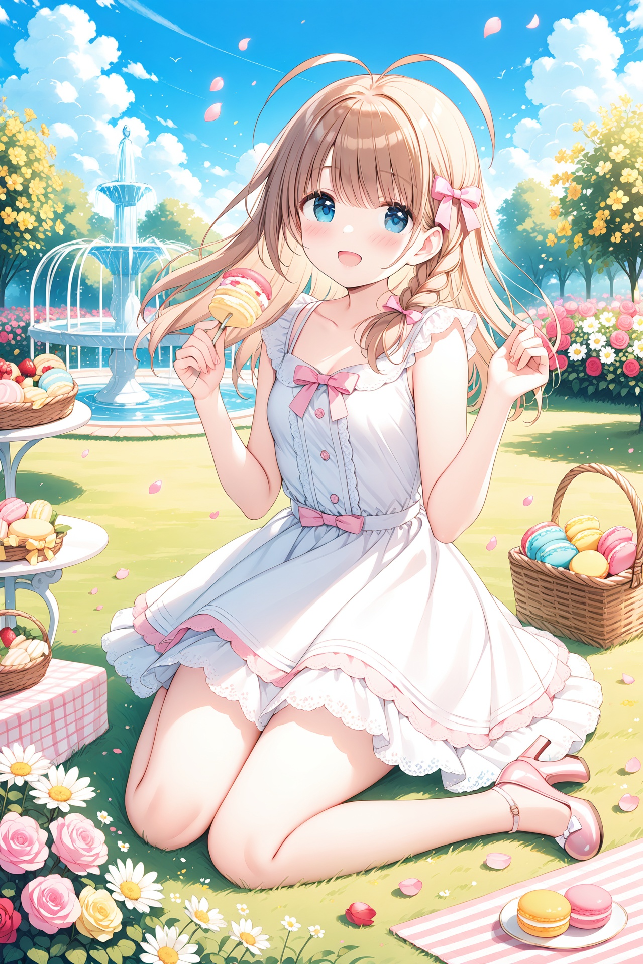 masterpiece,best quality,1girl, solo, outdoors, dress, white dress, flower, smile, long hair, braid, blue eyes, pink flower, day, :d, food, open mouth, high heels, looking at viewer, holding, blush, hair bow, rose, bow, pink rose, pink bow, collarbone, book, pink footwear, sky, cloud, brown hair, petals, birdcage, white flower, sleeveless dress, breasts, sleeveless, macaron, picnic, blue sky, holding food, bare shoulders, yellow flower, grass, cage, small breasts, hair ornament, fountain, tiered tray, basket, antenna hair, single braid, red flower, bare arms