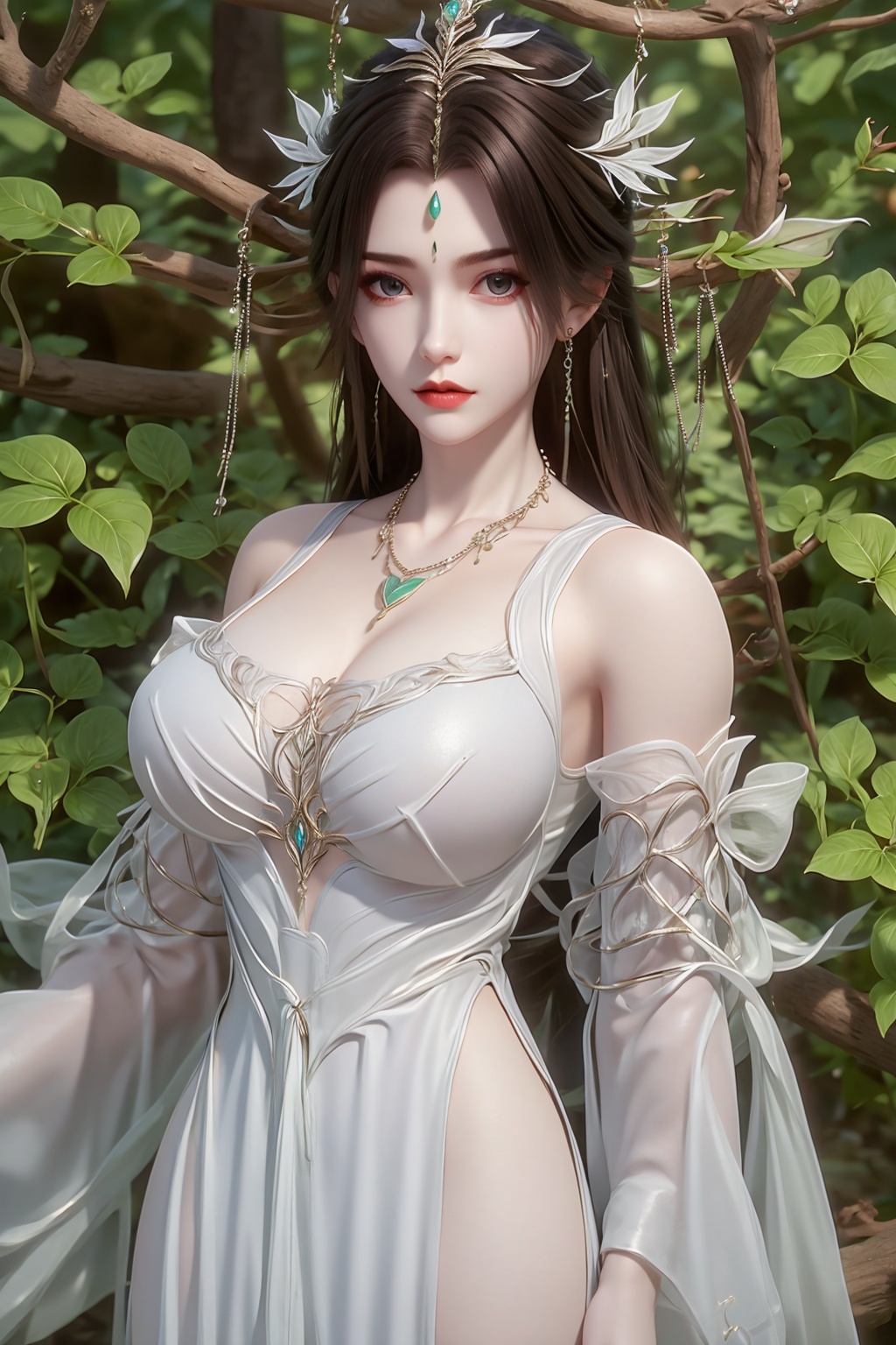 <lora:20250601-1748783307257:1>,1girl,jewelry,flower,dress,hair ornament,solo,upper body,earrings,white dress,branch,long hair,necklace,forehead mark,brown hair,facial mark,looking at viewer,breasts,leaf,bare shoulders,detached sleeves,expressionless,