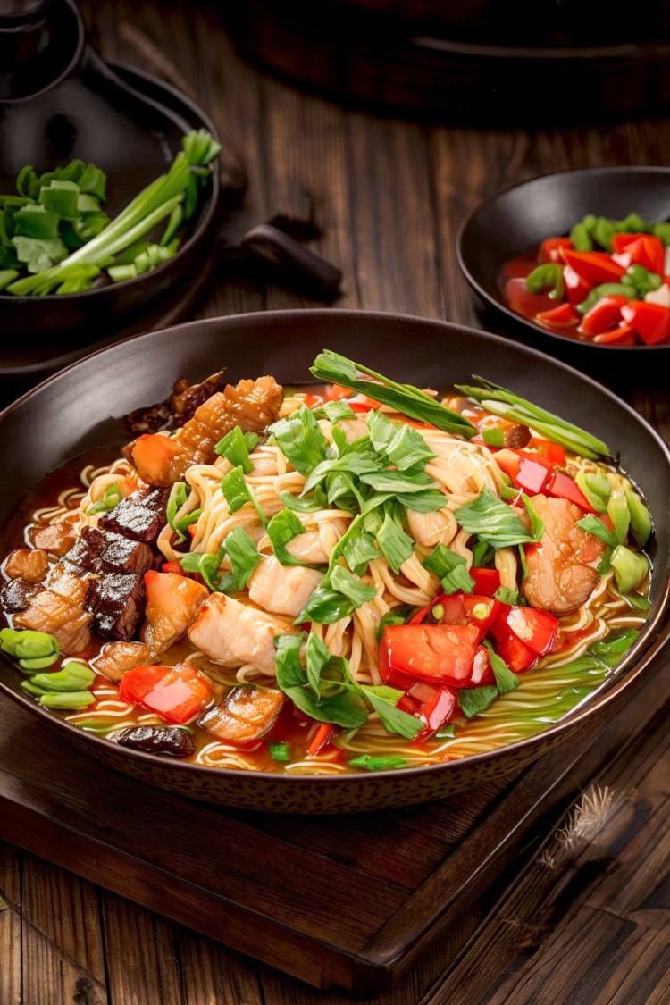 depth of field, chinese food, realistic, food, no humans, steam, bowl, meat, noodles, spring onion, food focus, vegetable, ramen, still life, soup