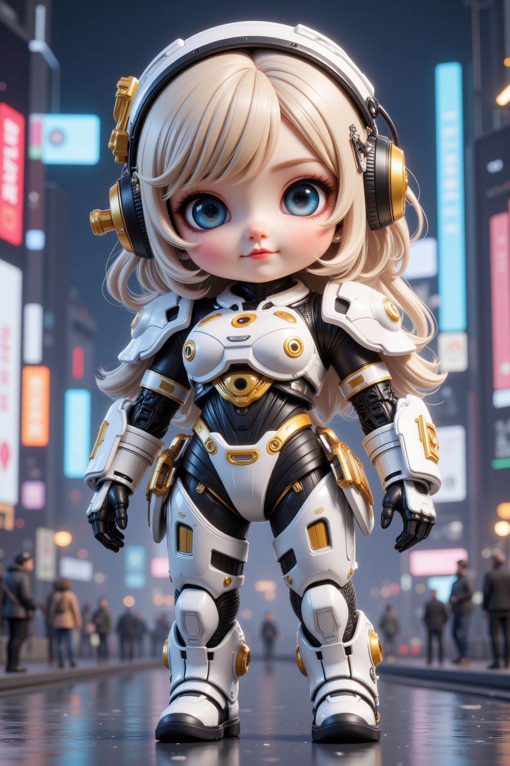 full body, chibi, 1girl, solo, blonde hair, blue eyes, looking at viewer, breasts, bodysuit, armor, boots, joints, headgear, science fiction, robot joints, parted lips, hair ornament, cyber city, cyberpunk,
