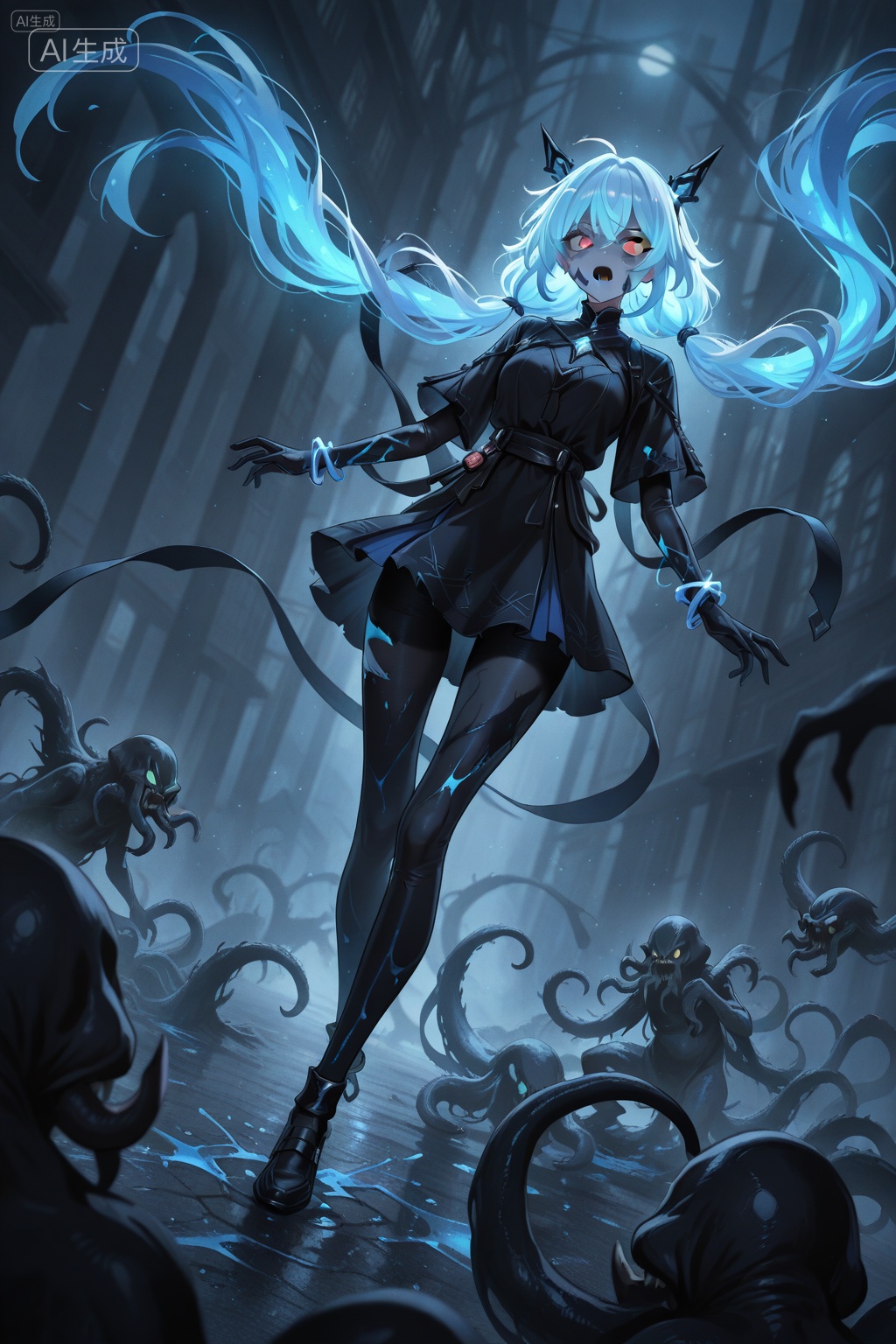 masterpiece,best quality,amazing quality,very aesthetic,absurdres,newest,extreme aesthetic,in the style of fashion photography,light particles,cinematic lighting,Visual impact,sharp focus,Emotionalization,depth of field,dutch angle,scenery,1girl,very long hair,low_twintail,, Cthulhu,unidentified fluid,terror,spookiness,hallucinations,confusion,Evil smiles,Glowing hair,silver bracelets,chaotic scenes,soiled rot,Chased,chased,and covered in strange liquids by countless evil creatures,, Negative prompt: (worst quality, low quality),deformed,distorted,disfigured,doll,poorly drawn,bad anatomy,wrong anatomy,sketch,jpeg artifacts,signature,watermark,artist name,old,oldest,,nsfw, Steps: 20, Sampler: Euler a, CFG scale: 5.0, Seed: 2727546622, Size: 1024x1536, Model hash: e62cd982e2, Model: 崩坏彩涂_1.0.safetensors, Denoising strength: 0.0, Clip skip: 2, ENSD: 31337, RNG: CPU, vae_name: automatic