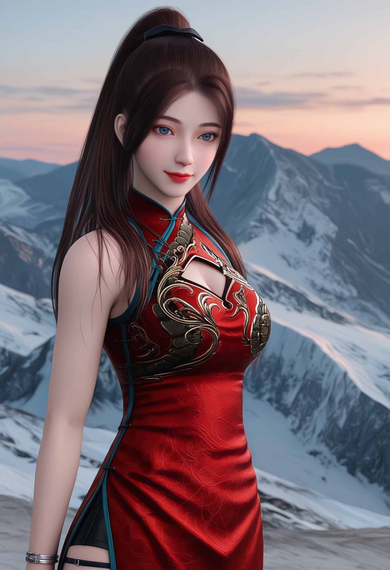 (score_9),masterpiece,best quality,absurdres,highres,BREAK1girl,solo,<lora:唐紫尘-ill-000009:0.85>,htzc,igh ponytail,long hair,brown hair,blue eyes,<lora:e肤色滑块:0.8>,(white_skin),(Ivory_skin),light_skin,bracelet,china dress,(red_china dress),bare shoulders,clothing cutout,cleavage cutout,thigh strap,short shorts,bare legs,light smile,looking at viewer,front view,light blush,upper body,BREAKin winter,day,glacier,sky,(Cinematic Lighting:1.1),outdoors,